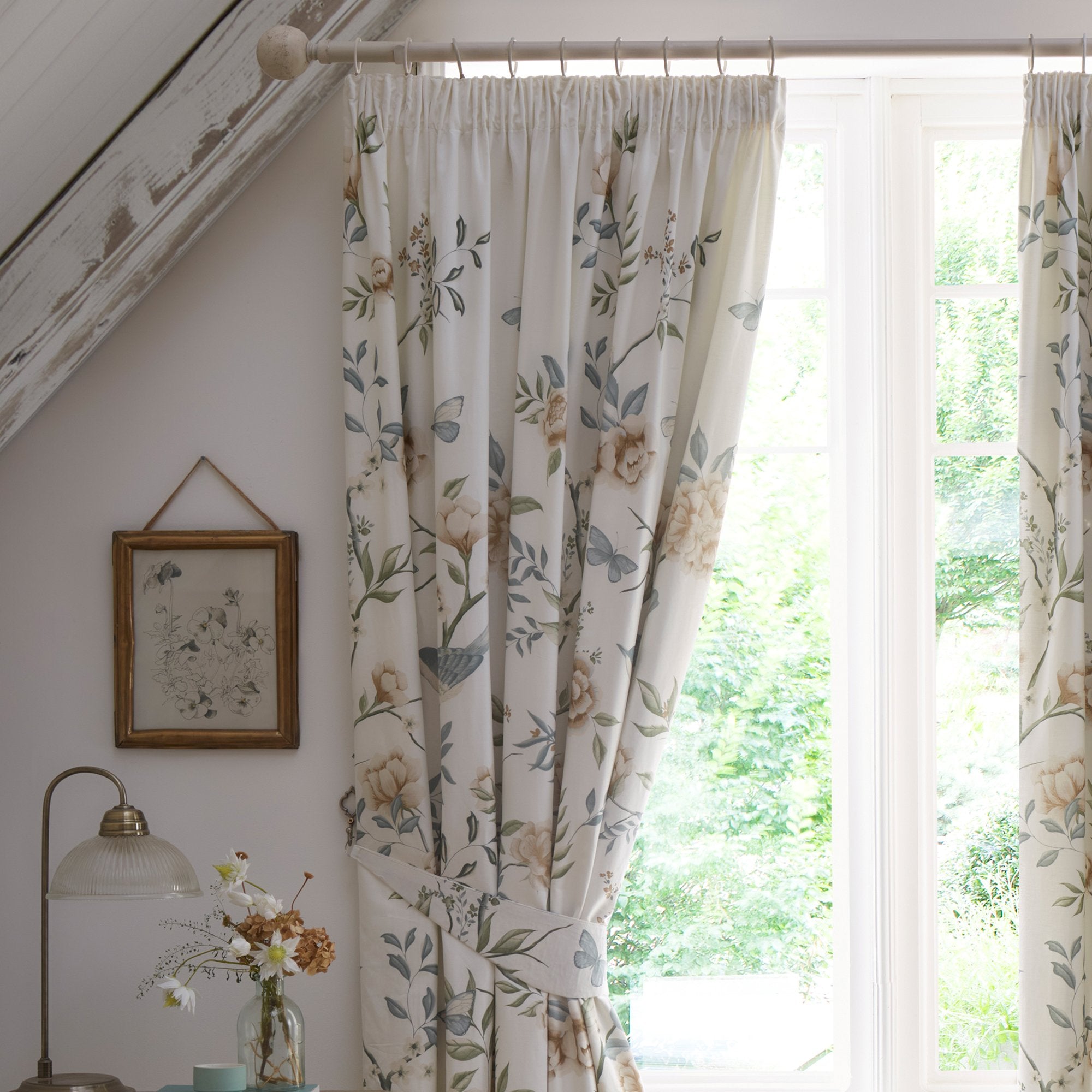 Pair of Pencil Pleat Curtains With Tie-Backs Amelle by Dreams & Drapes Design in Green
