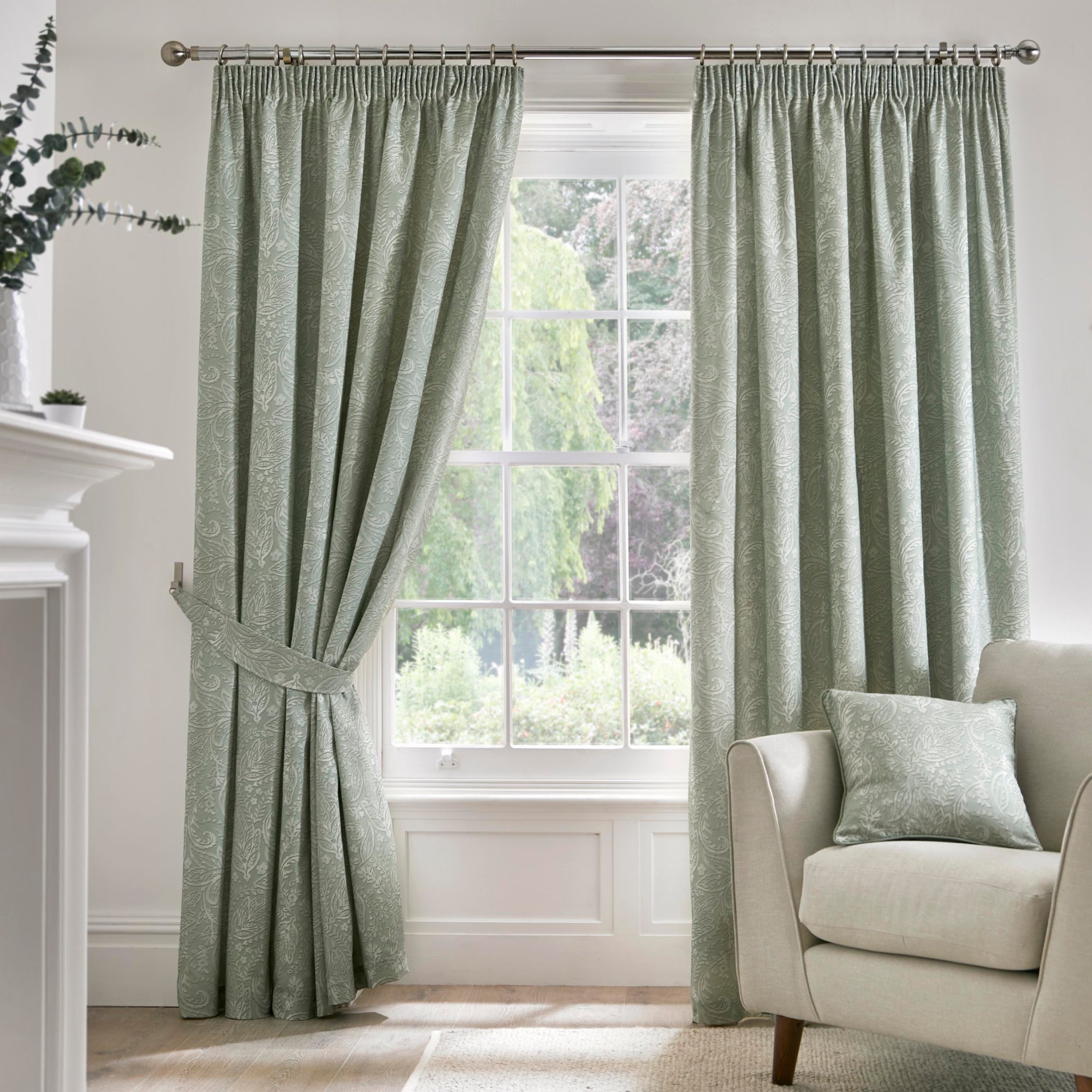 Pair of Pencil Pleat Curtains With Tie-Backs Aveline by D&D in Green