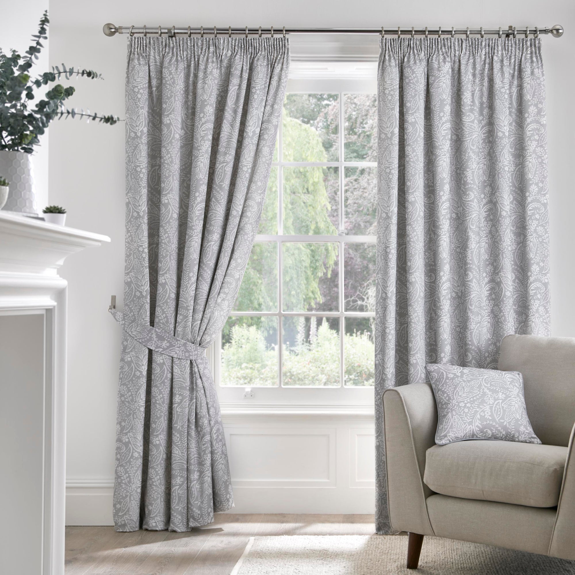 Pair of Pencil Pleat Curtains With Tie-Backs Aveline by D&D in Grey
