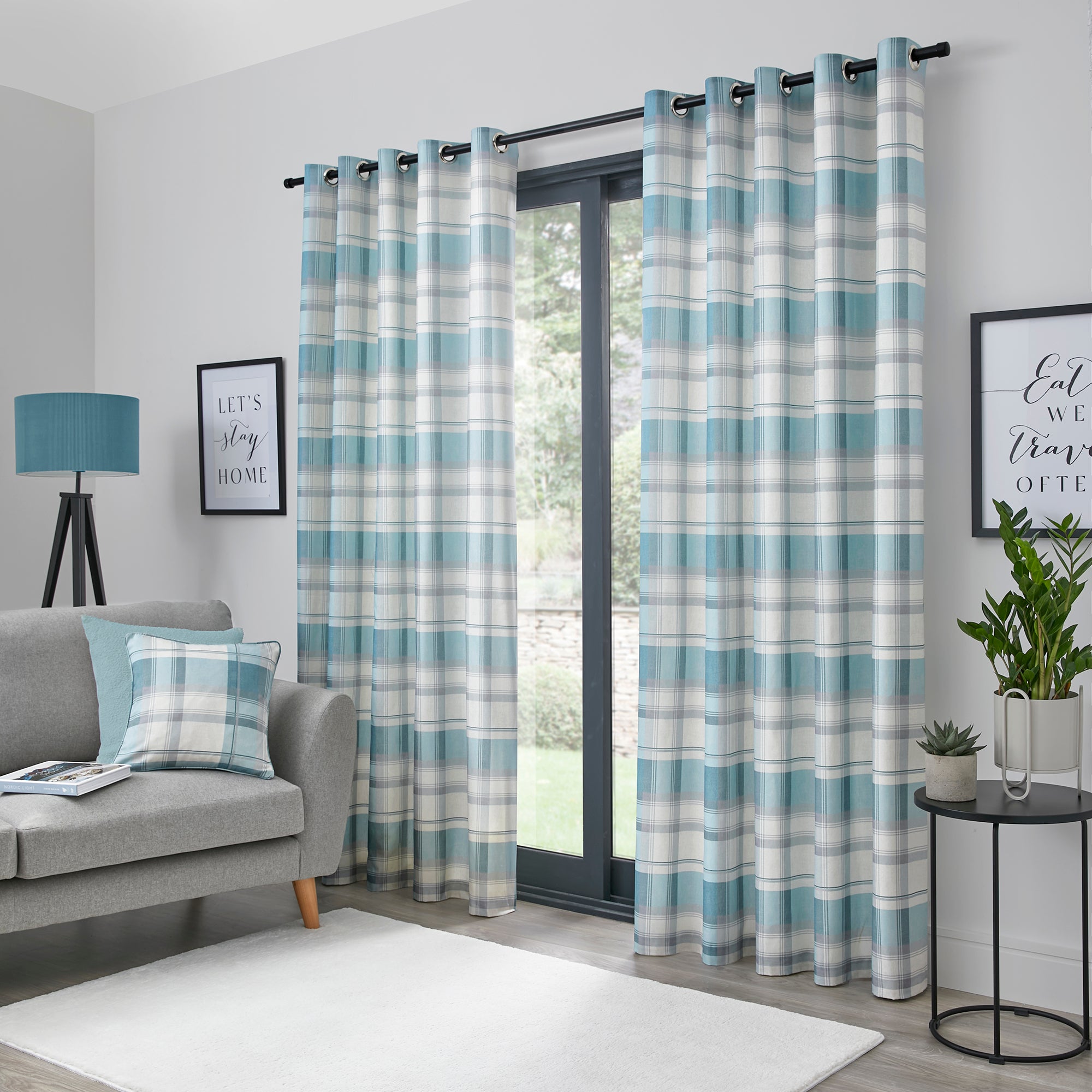 Pair of Eyelet Curtains Balmoral Check by Fusion in Duck Egg