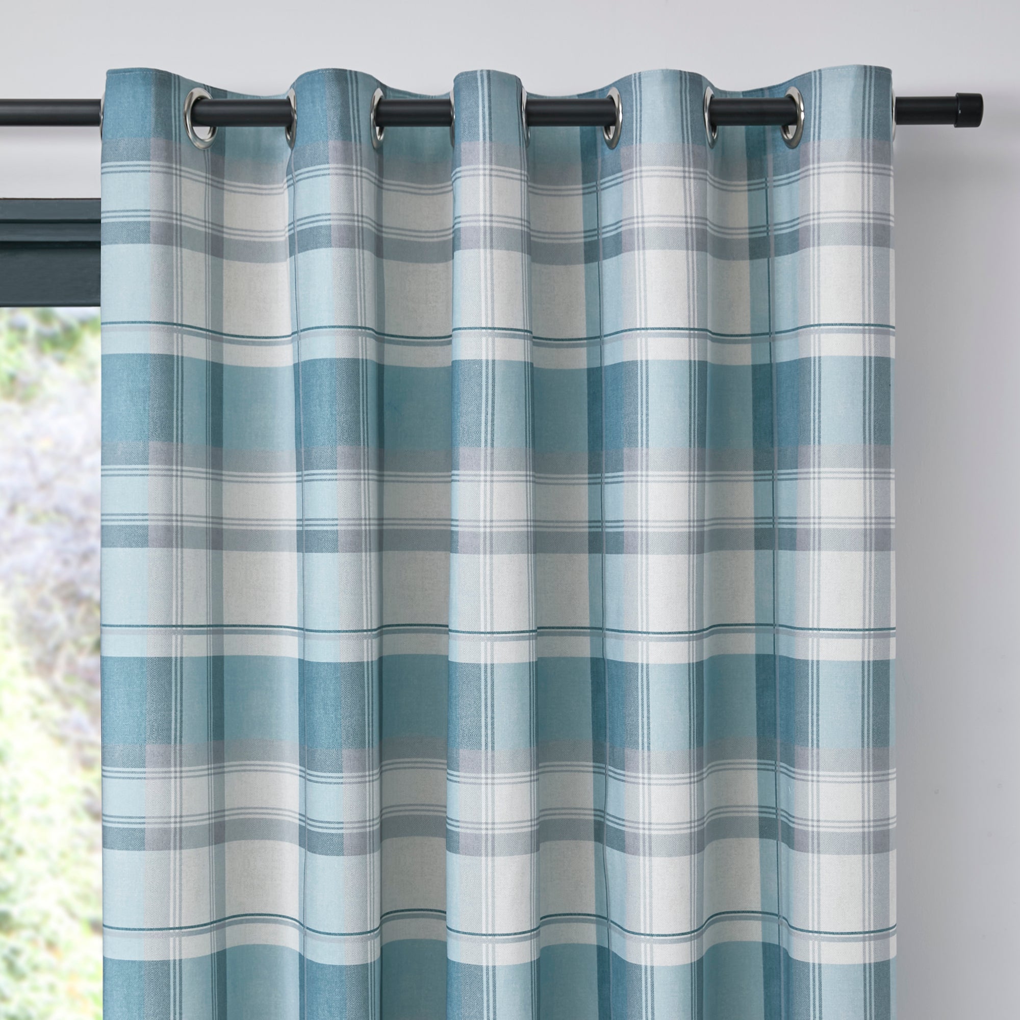 Pair of Eyelet Curtains Balmoral Check by Fusion in Duck Egg