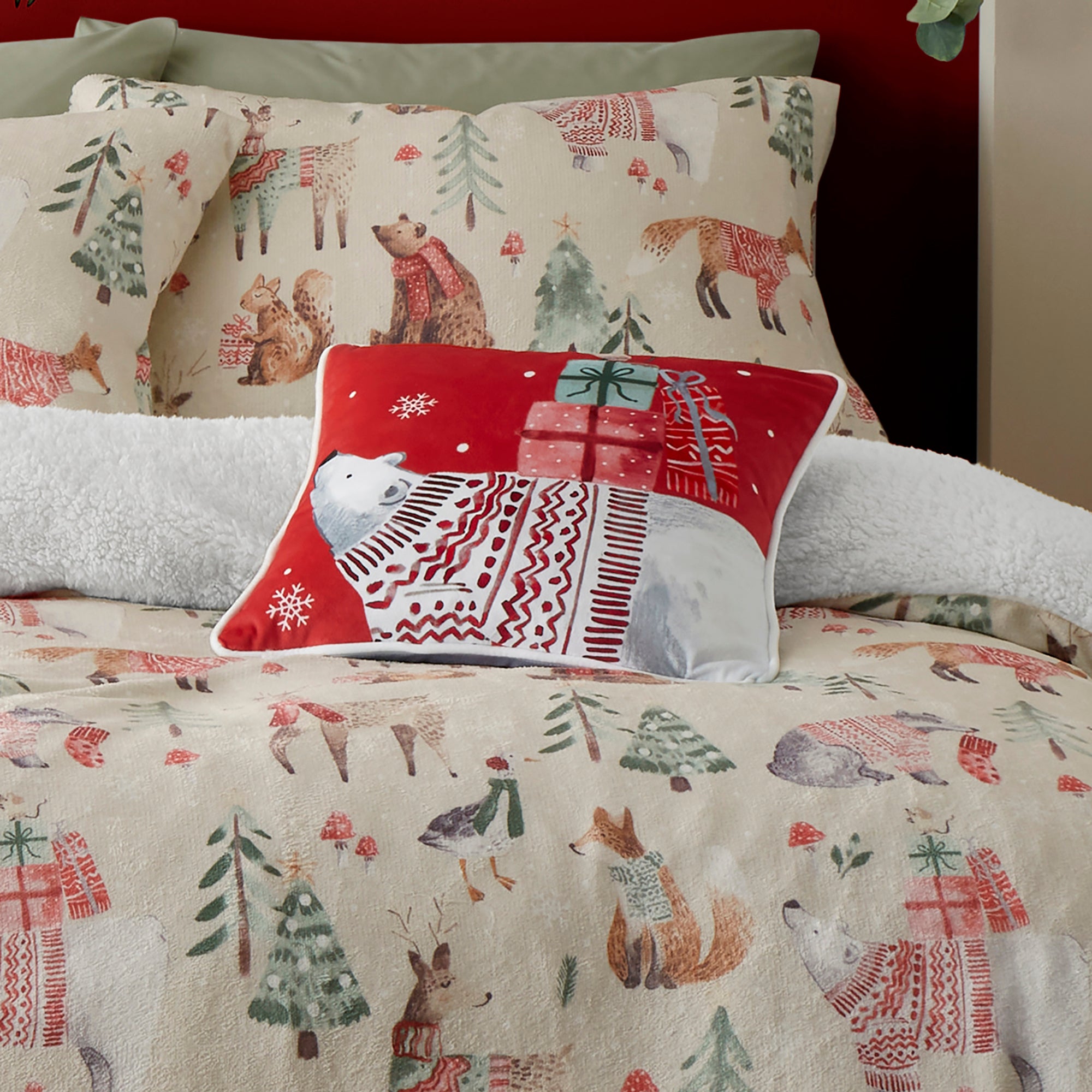 Cushion Christmas Woodland Animals by Fusion in Red