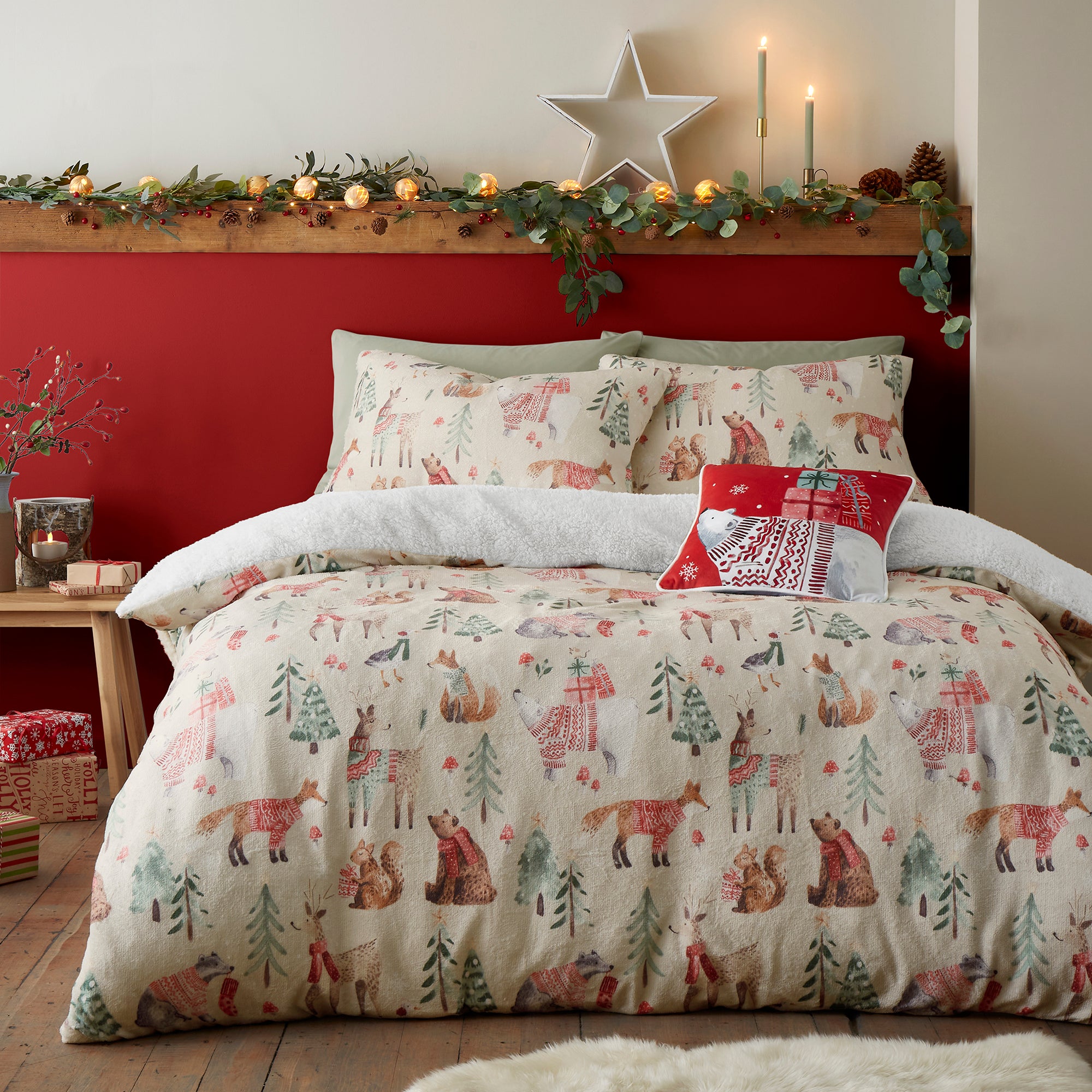 Cushion Christmas Woodland Animals by Fusion in Red