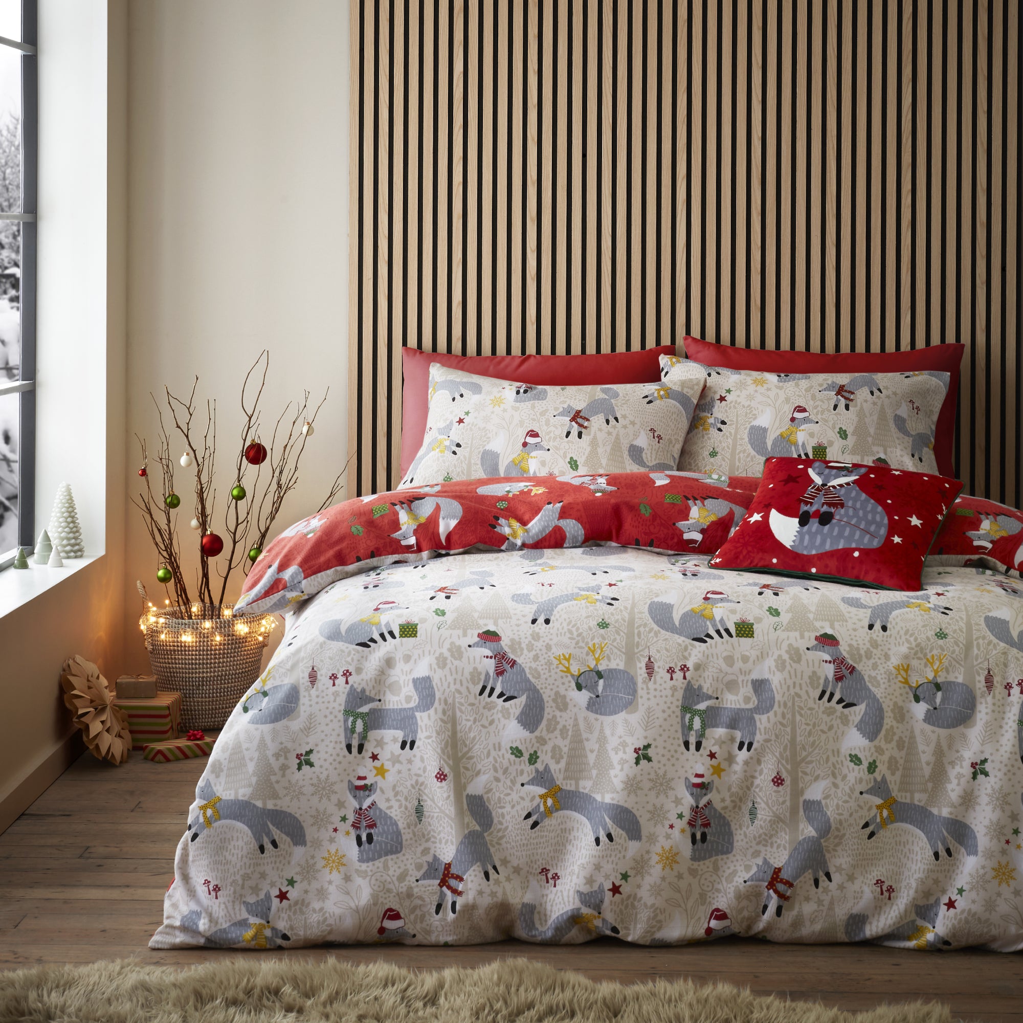 Duvet Cover Set Christmas Foraging Fox by Fusion in Red
