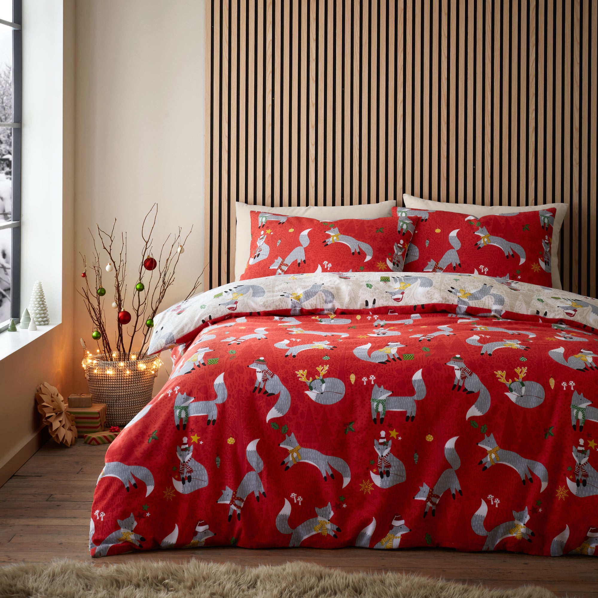 Duvet Cover Set Christmas Foraging Fox by Fusion in Red