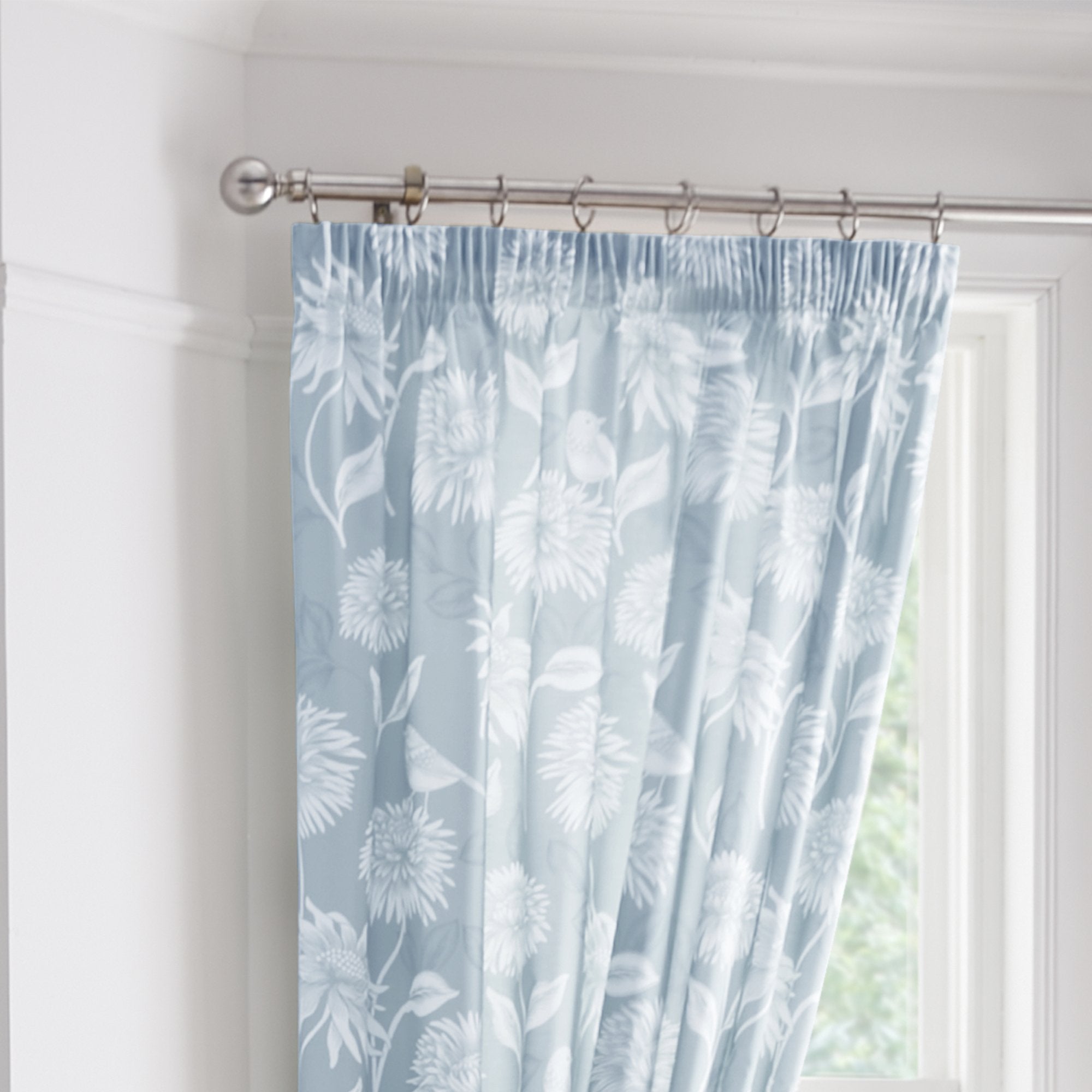 Pair of Pencil Pleat Curtains With Tie-Backs Chrysanthemum by Dreams & Drapes Design in Blue