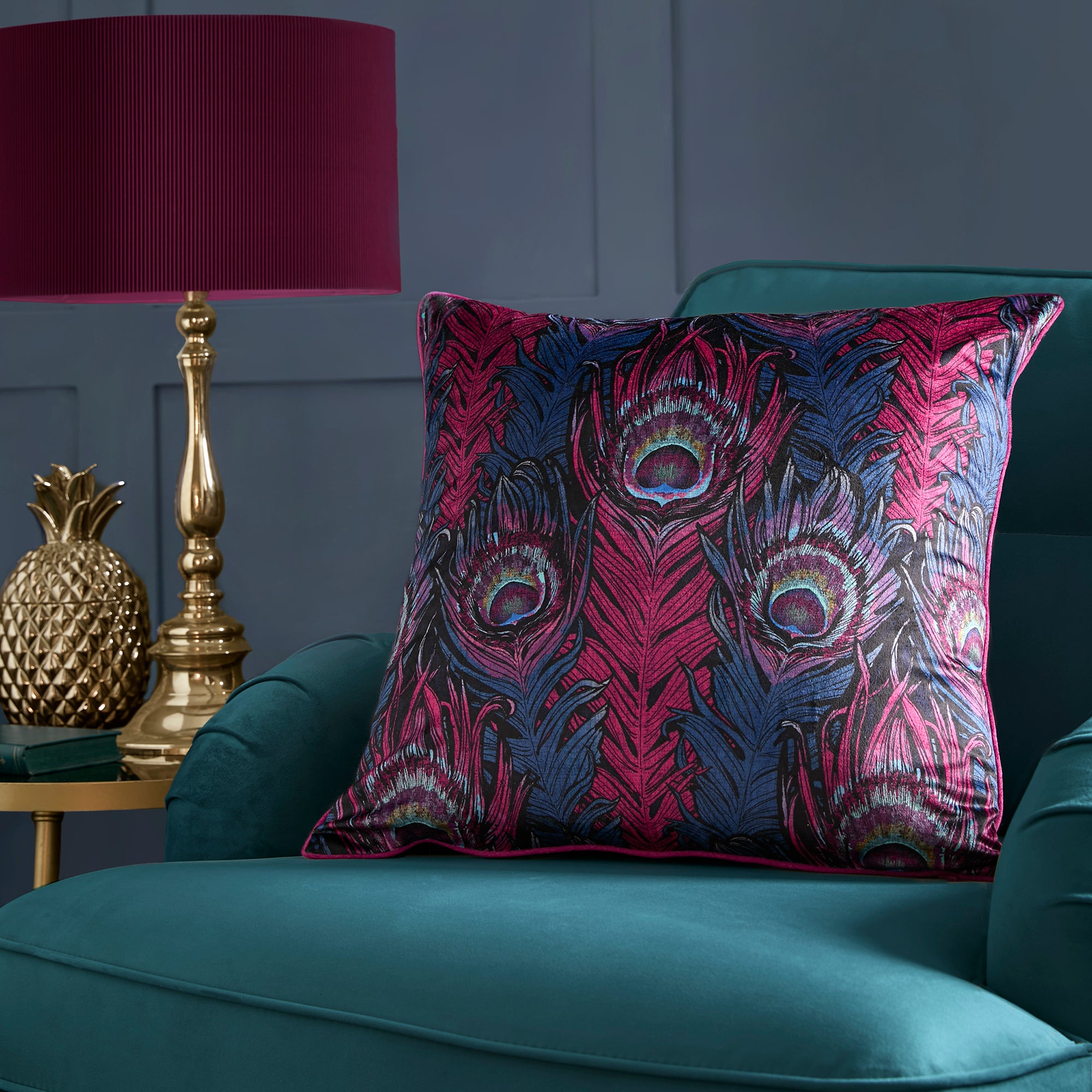 Cushion Dandy Peacock by Laurence Llewelyn-Bowen in Plum