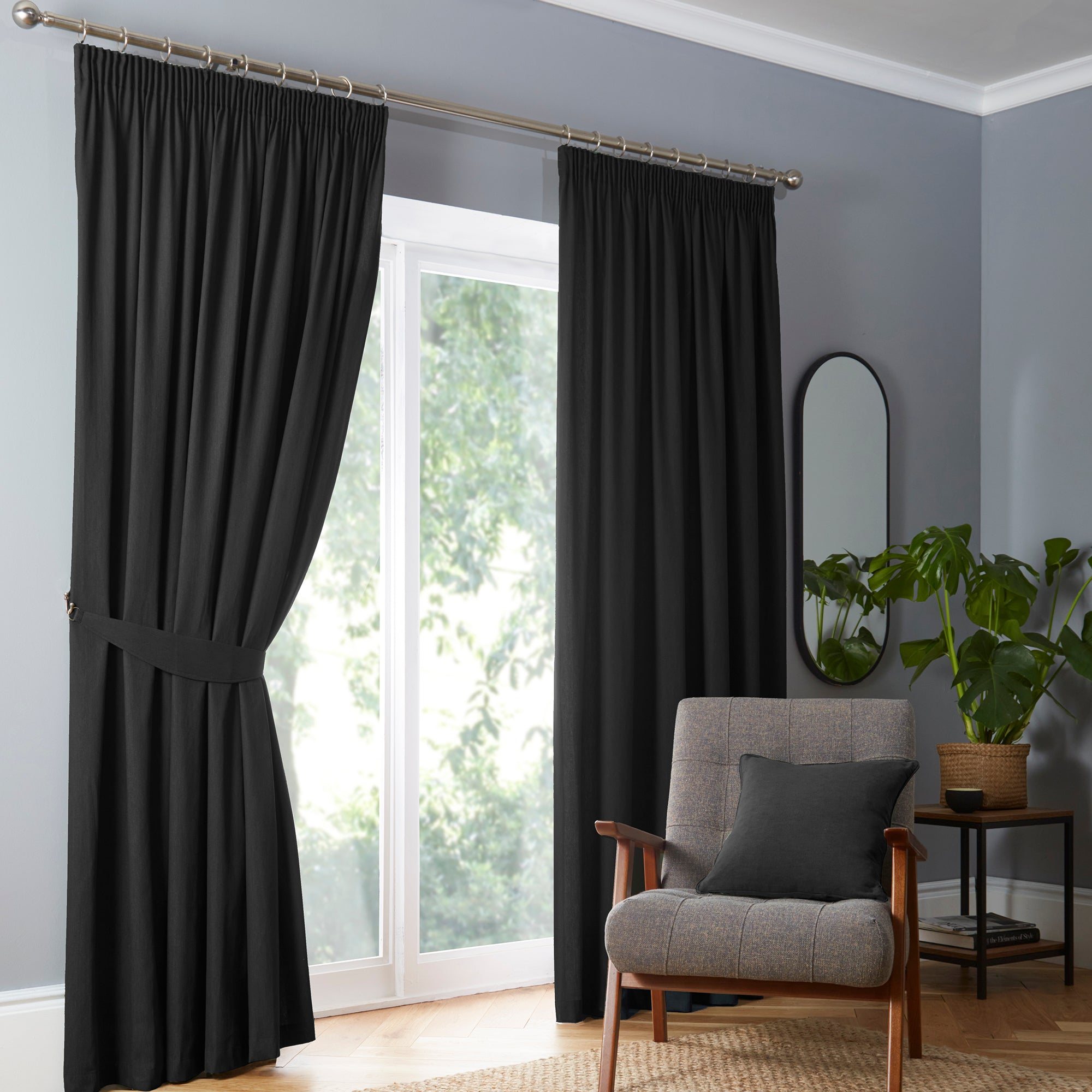 Pair of Pencil Pleat Curtains Dijon by Fusion in Black