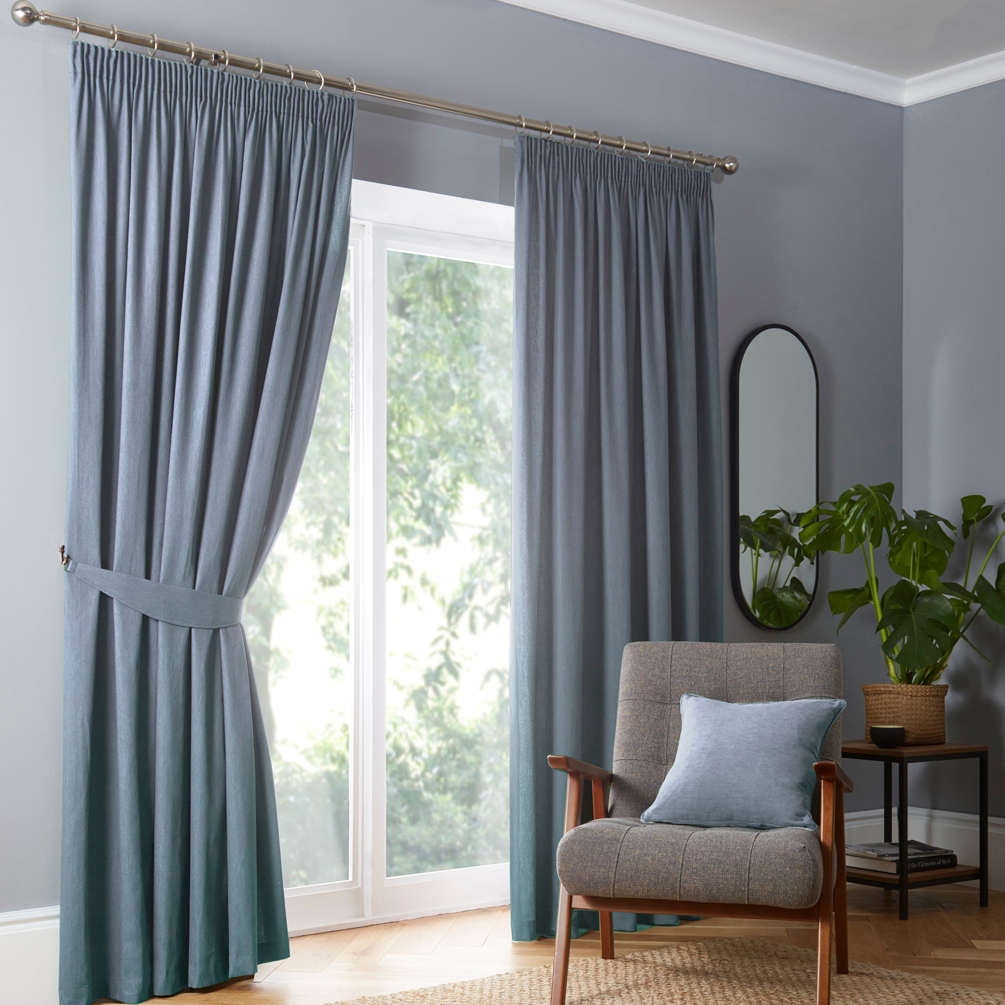 Pair of Pencil Pleat Curtains Dijon by Fusion in Light Blue