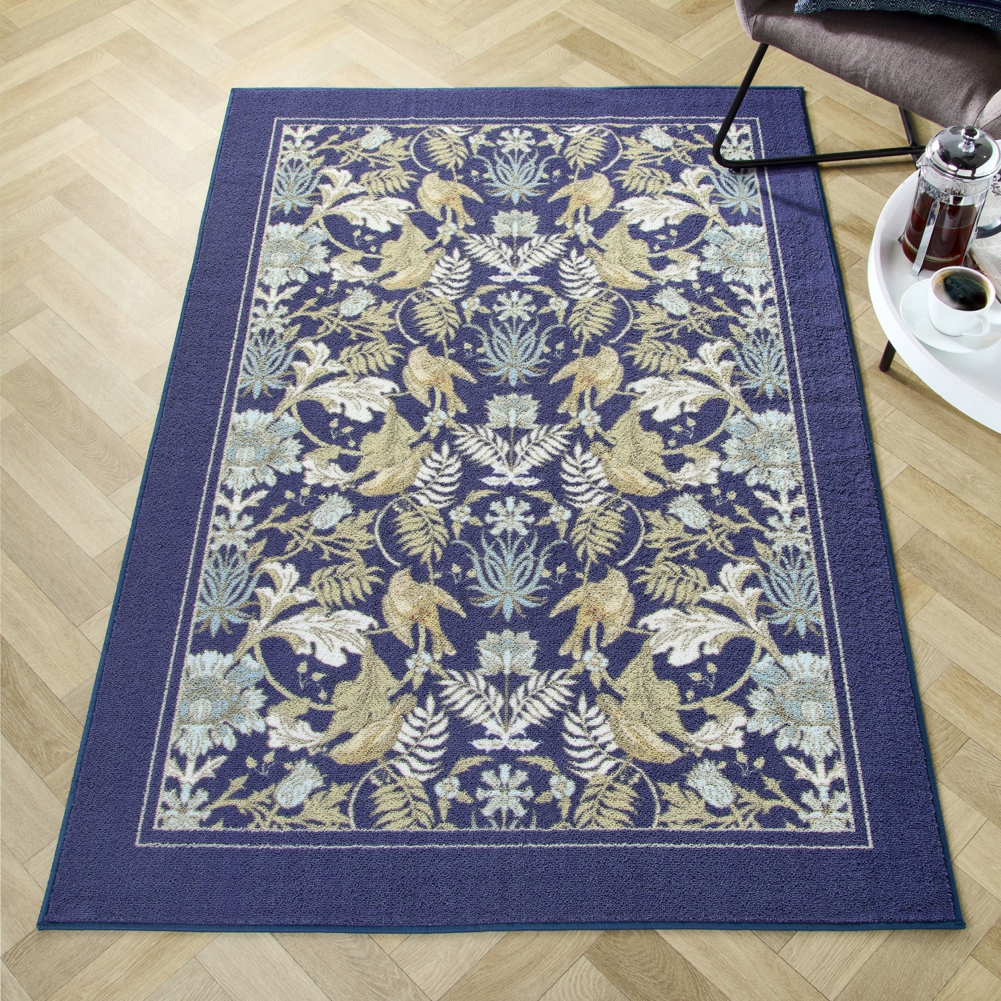 Washable Rug Finch & Flower by Dreams & Drapes Design in Navy