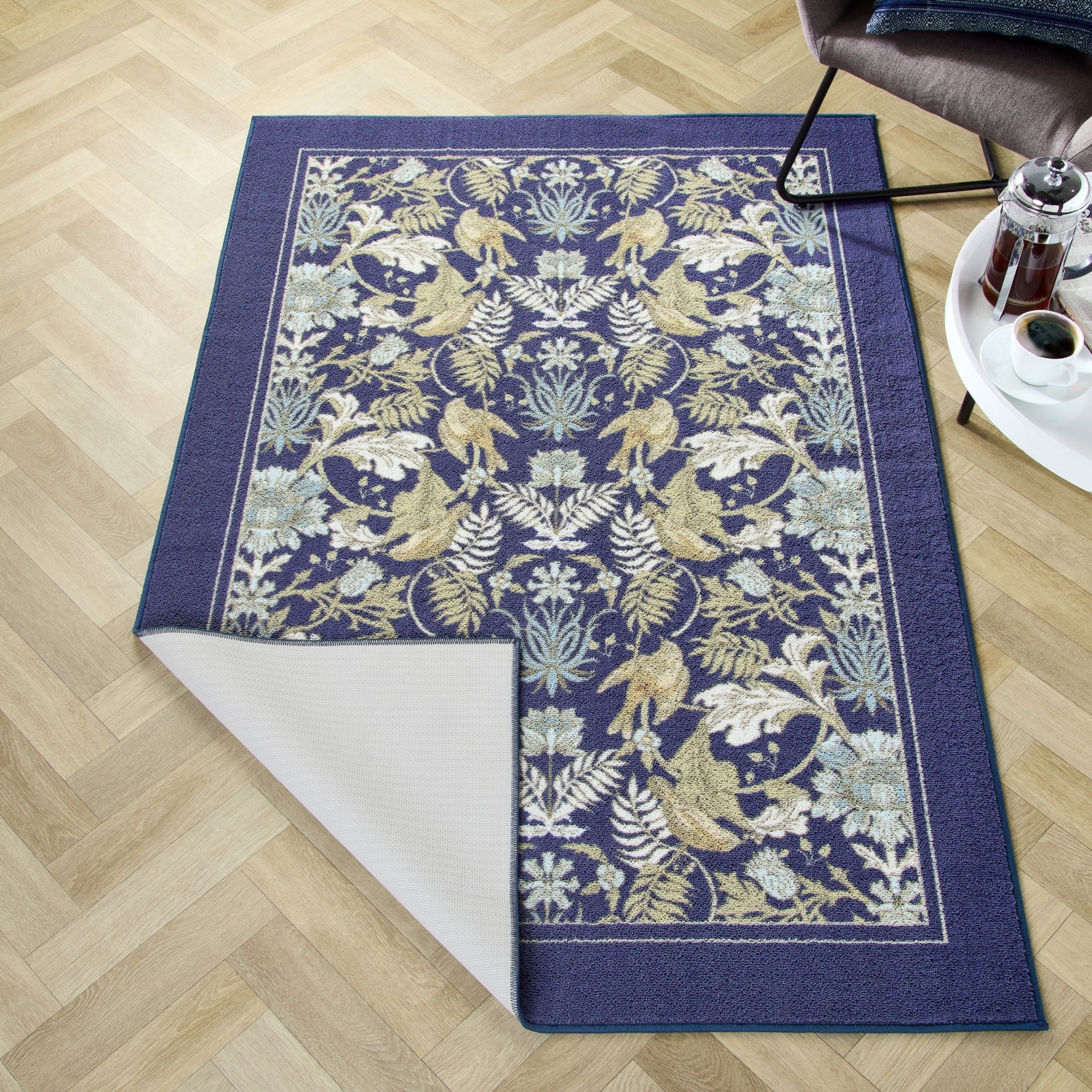 Washable Rug Finch & Flower by Dreams & Drapes Design in Navy