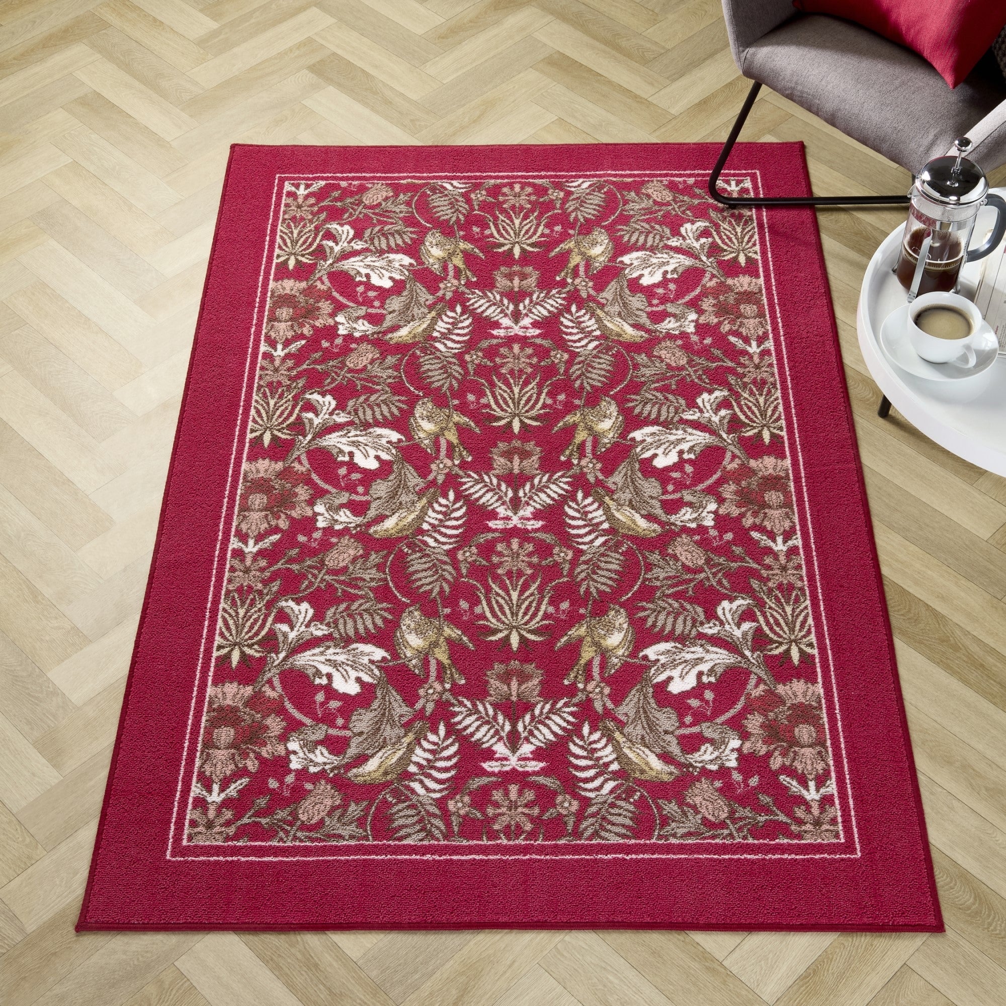 Washable Rug Finch & Flower by Dreams & Drapes Design in Red