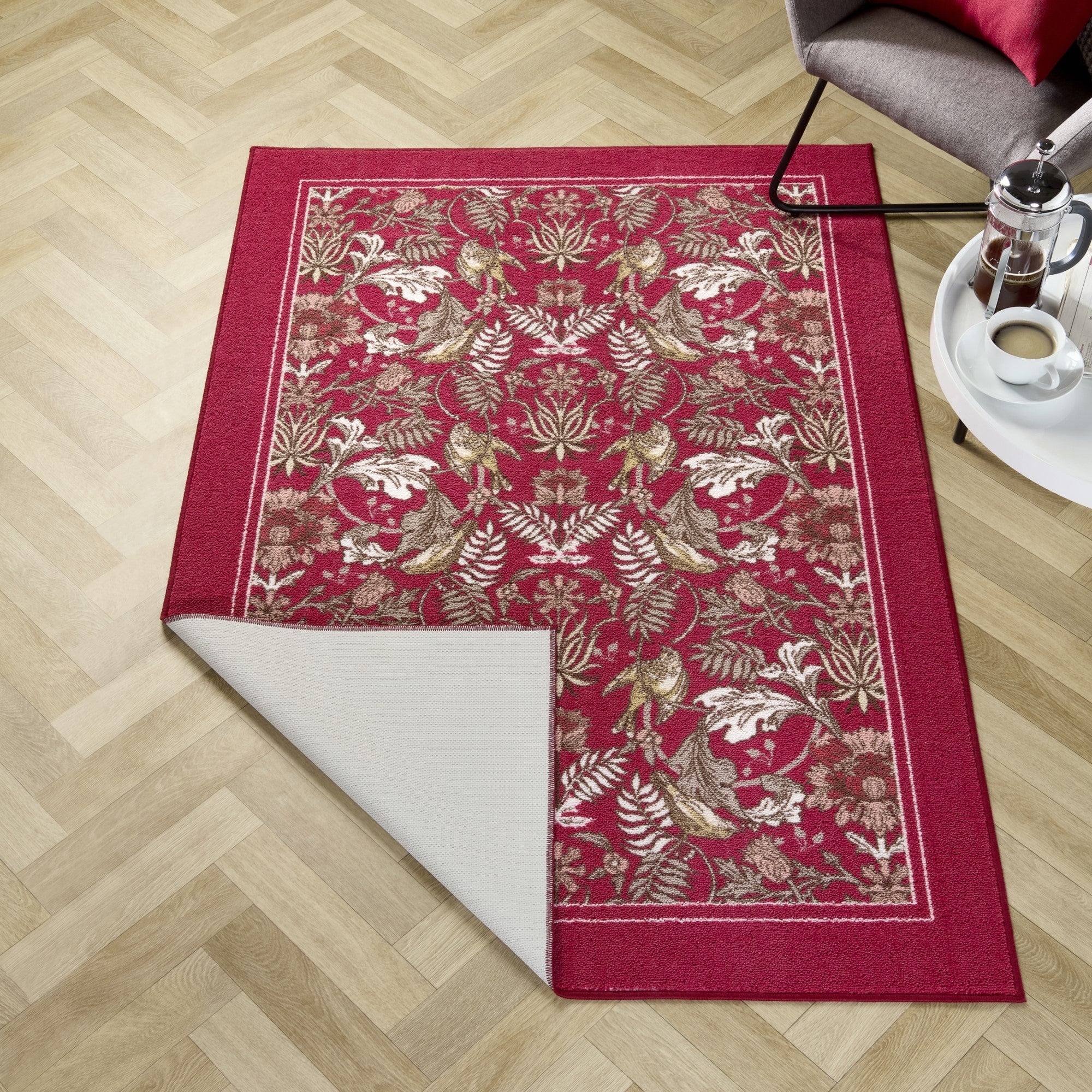 Washable Rug Finch & Flower by Dreams & Drapes Design in Red