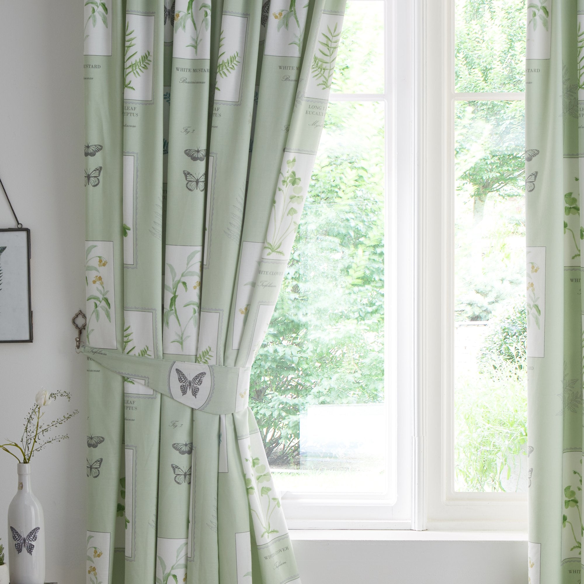 Pair of Pencil Pleat Curtains With Tie-Backs Floral Garden by Dreams & Drapes Design in Green