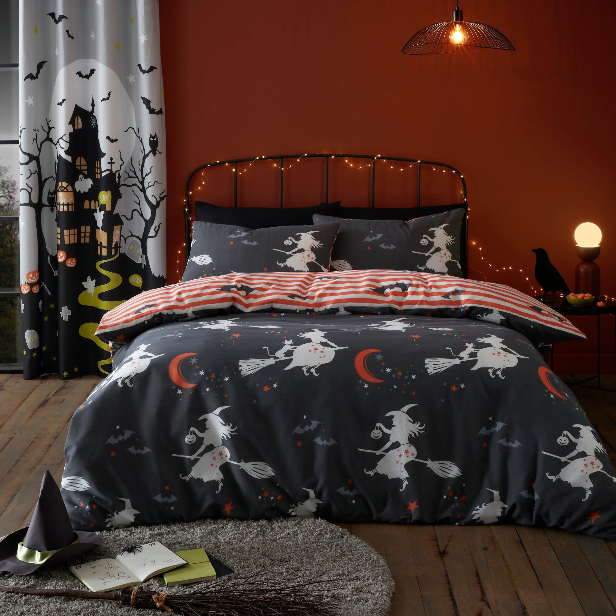 Duvet Cover Set Halloween Flying Witches by Bedlam in Charcoal