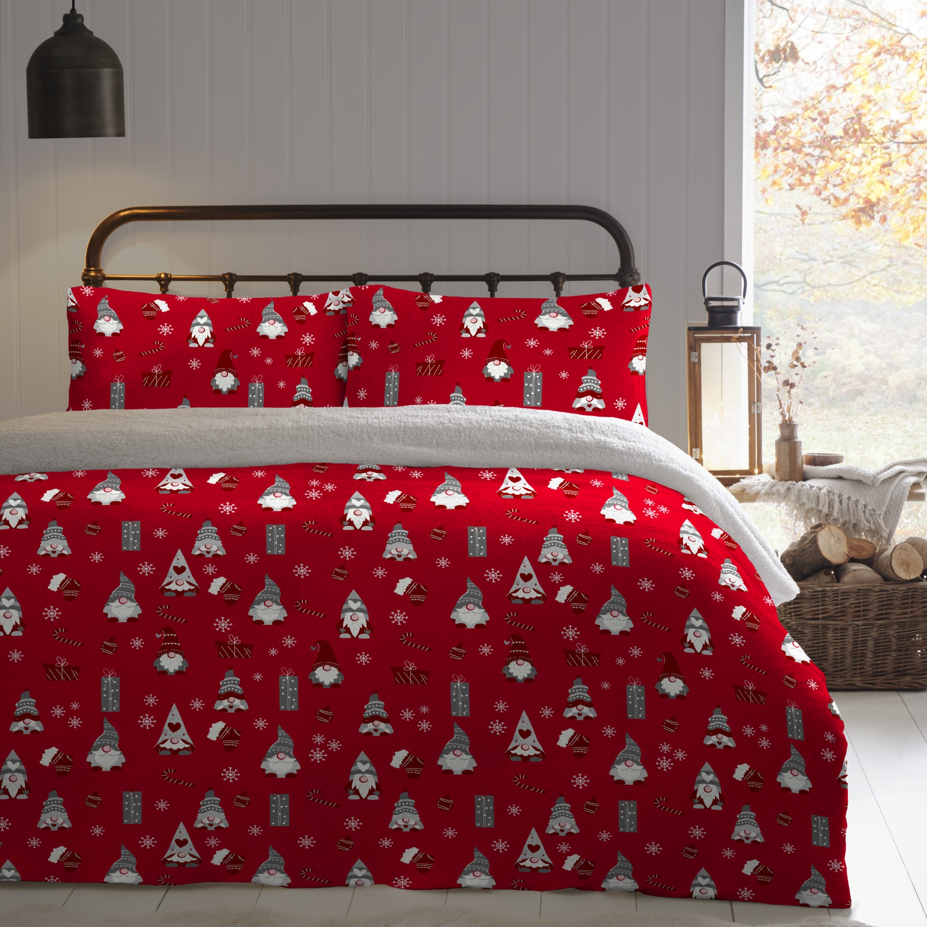 Dreams & Drapes Gilly Gonks Printed Flannel Fleece Duvet Cover Set in Mid Red