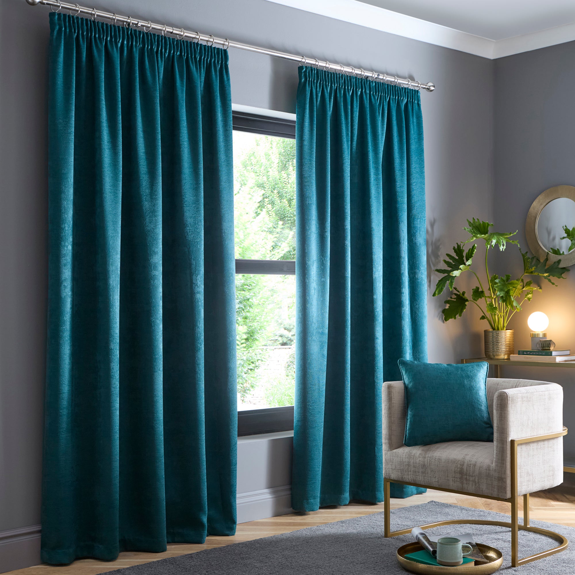 Pair of Pencil Pleat Curtains Galaxy by Fusion in Forest Green