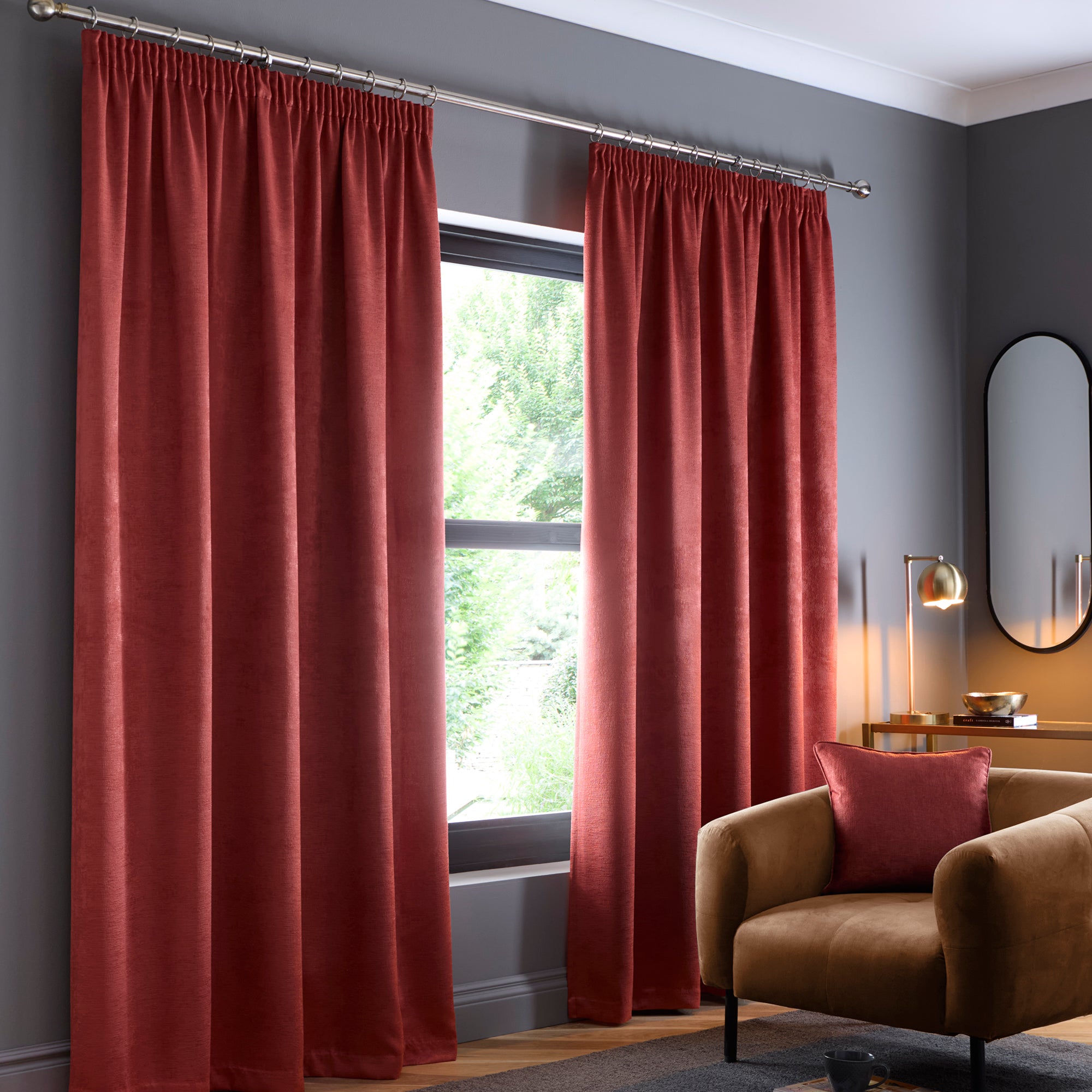 Pair of Pencil Pleat Curtains Galaxy by Fusion in Terracotta