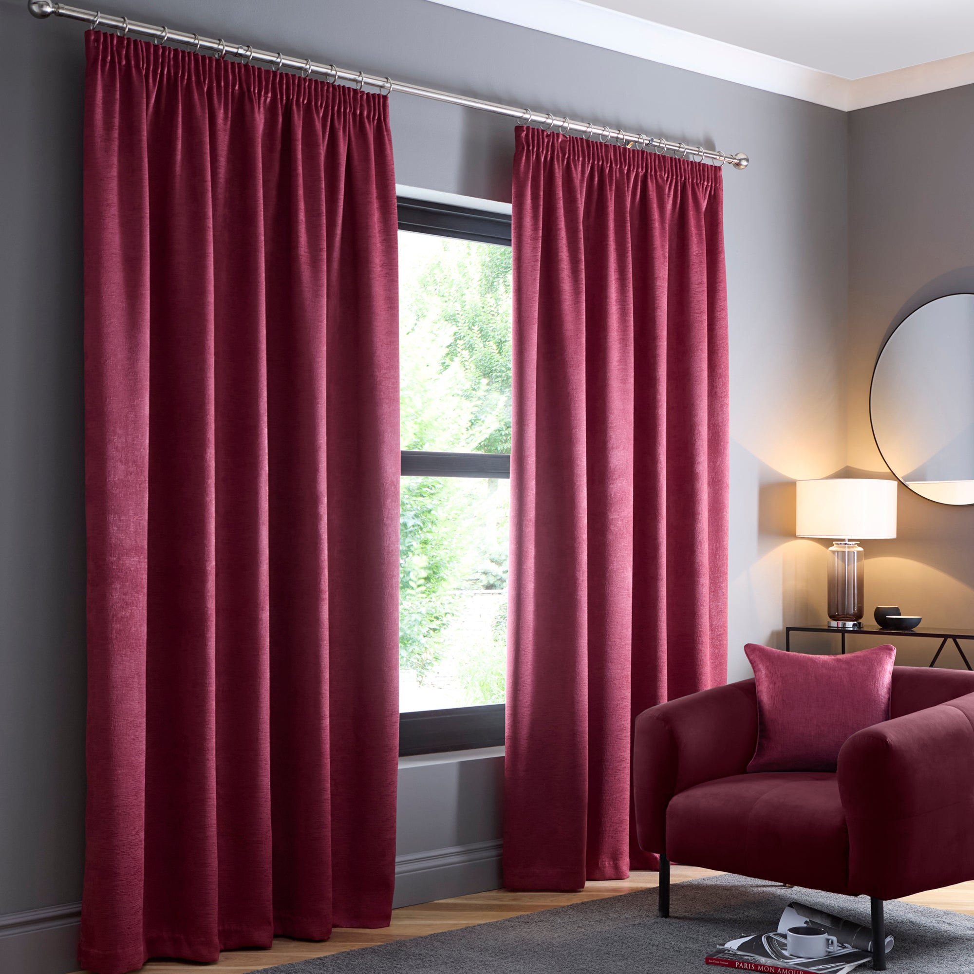 Pair of Pencil Pleat Curtains Galaxy by Fusion in Wine