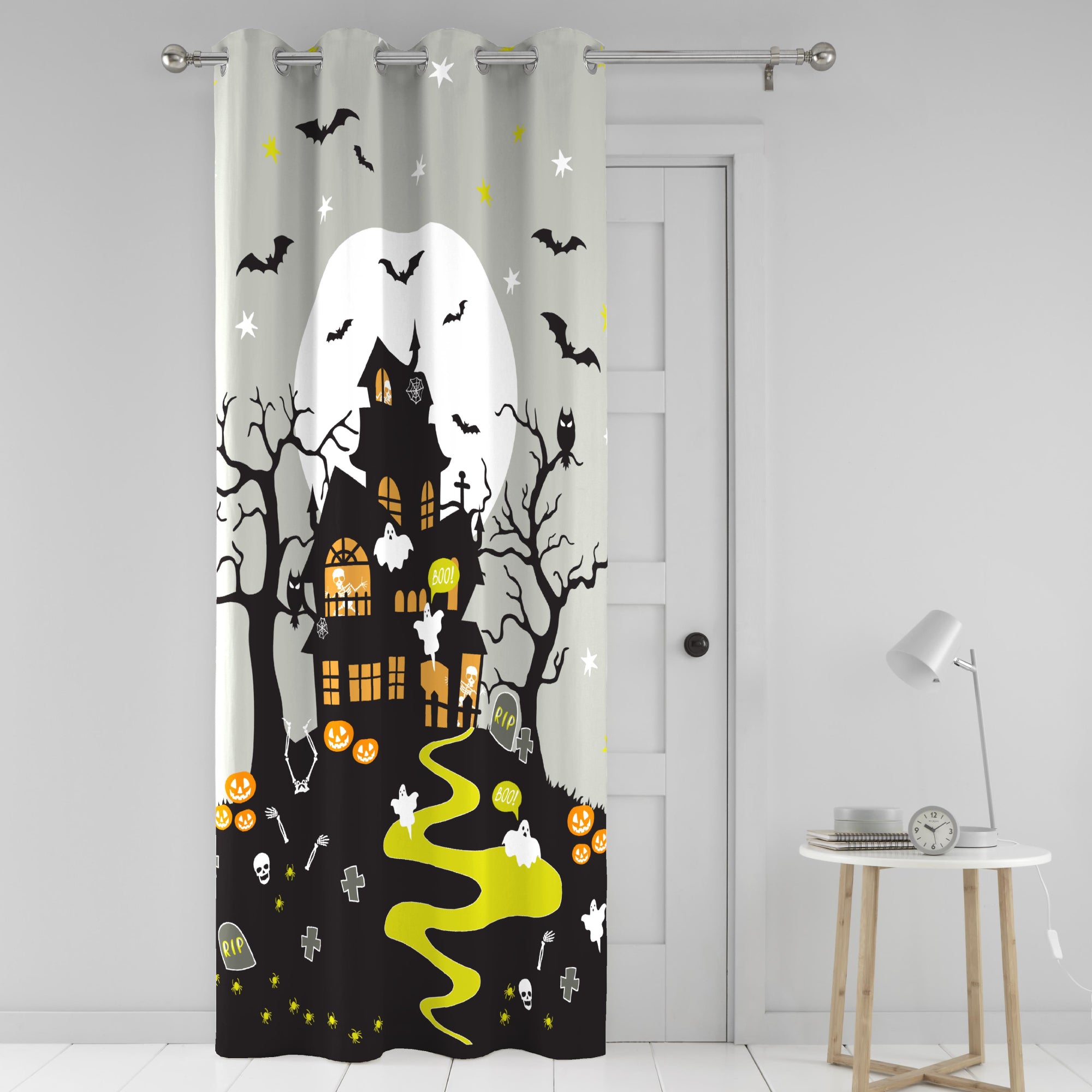 Eyelet Single Panel Door Curtain Halloween Haunted House by Bedlam in Grey