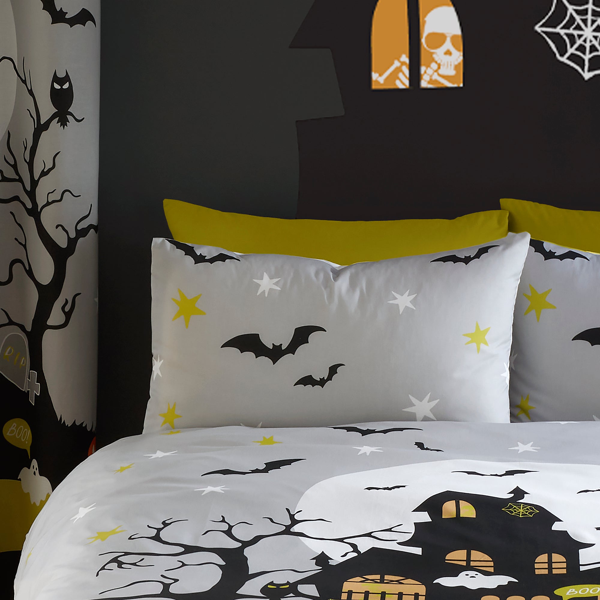 Duvet Cover Set Halloween Haunted House by Bedlam in Grey