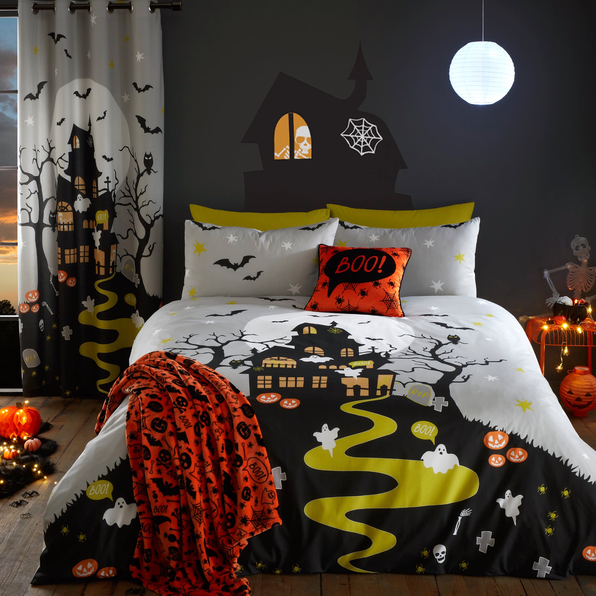 Duvet Cover Set Halloween Haunted House by Bedlam in Grey
