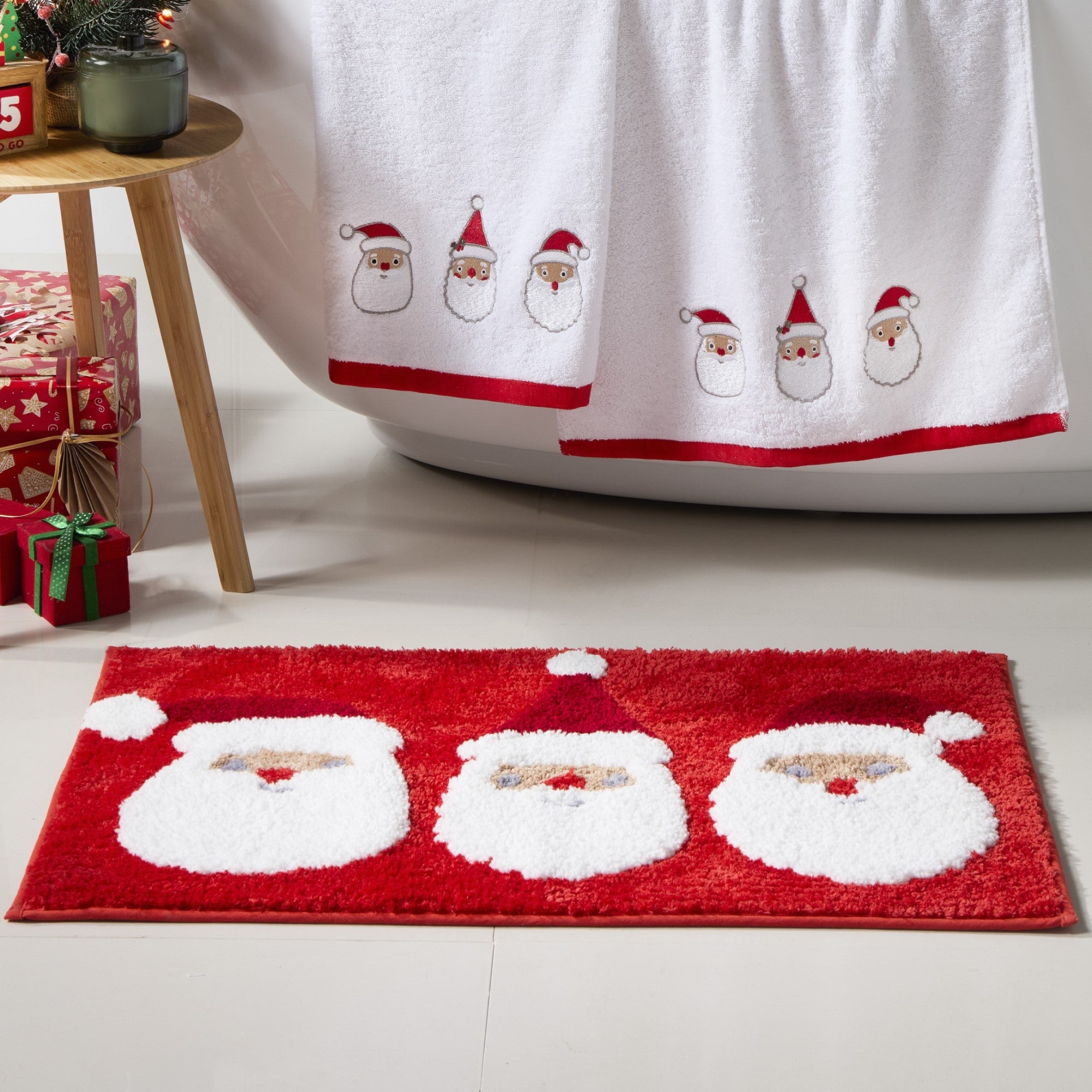 Bath Mat Christmas Jolly Santa by Bedlam in Red