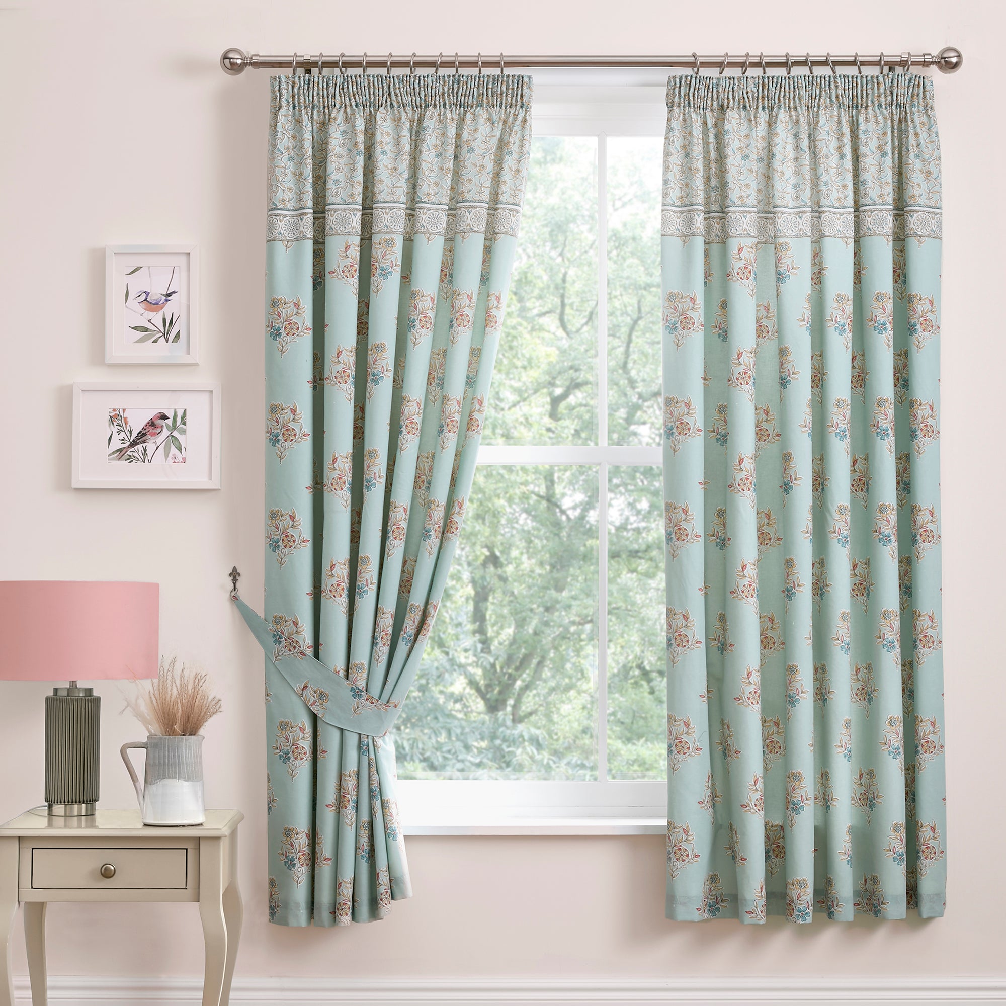 Pair of Pencil Pleat Curtains With Tie-Backs Lorena Patchwork by Dreams & Drapes Design in Duck Egg