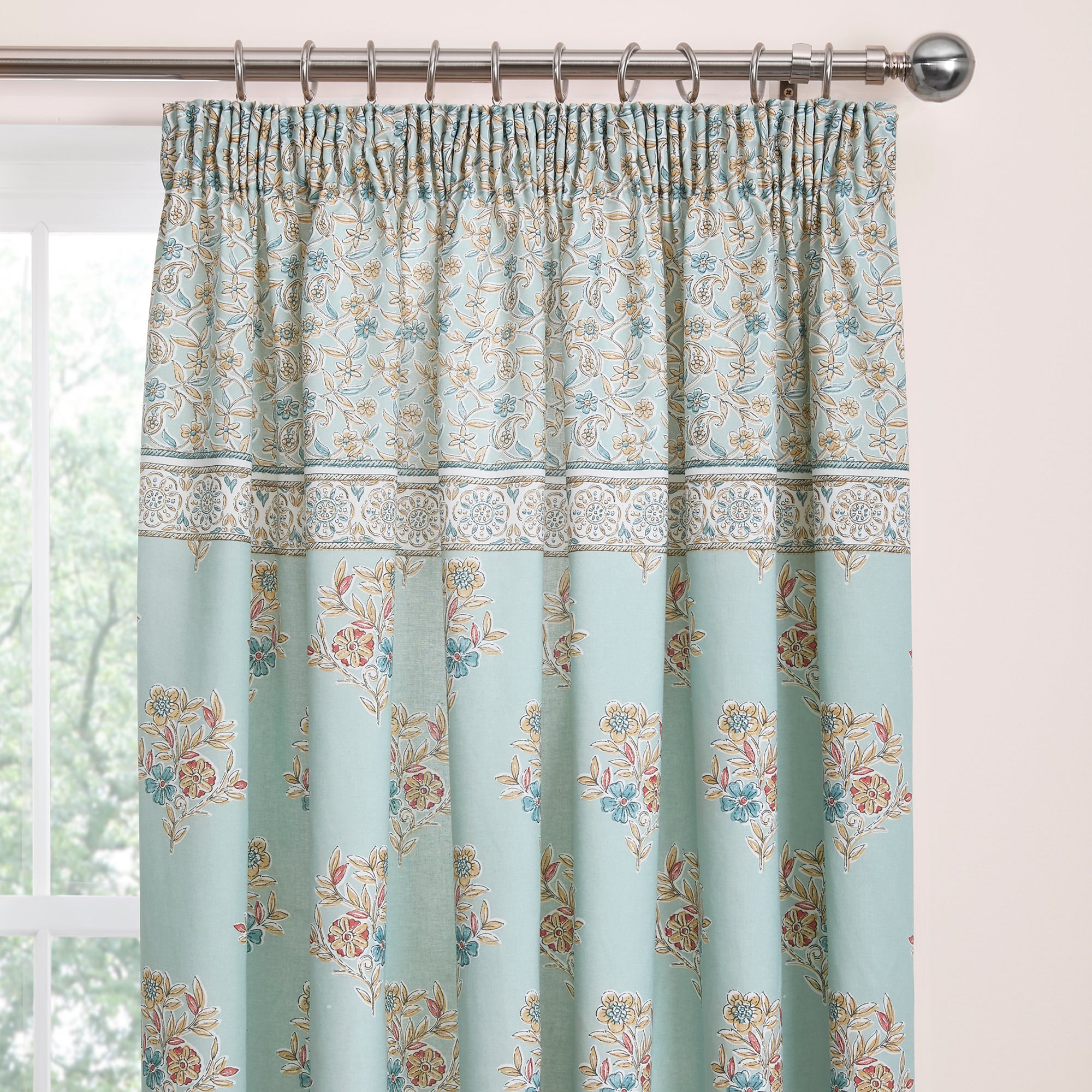 Pair of Pencil Pleat Curtains With Tie-Backs Lorena Patchwork by Dreams & Drapes Design in Duck Egg