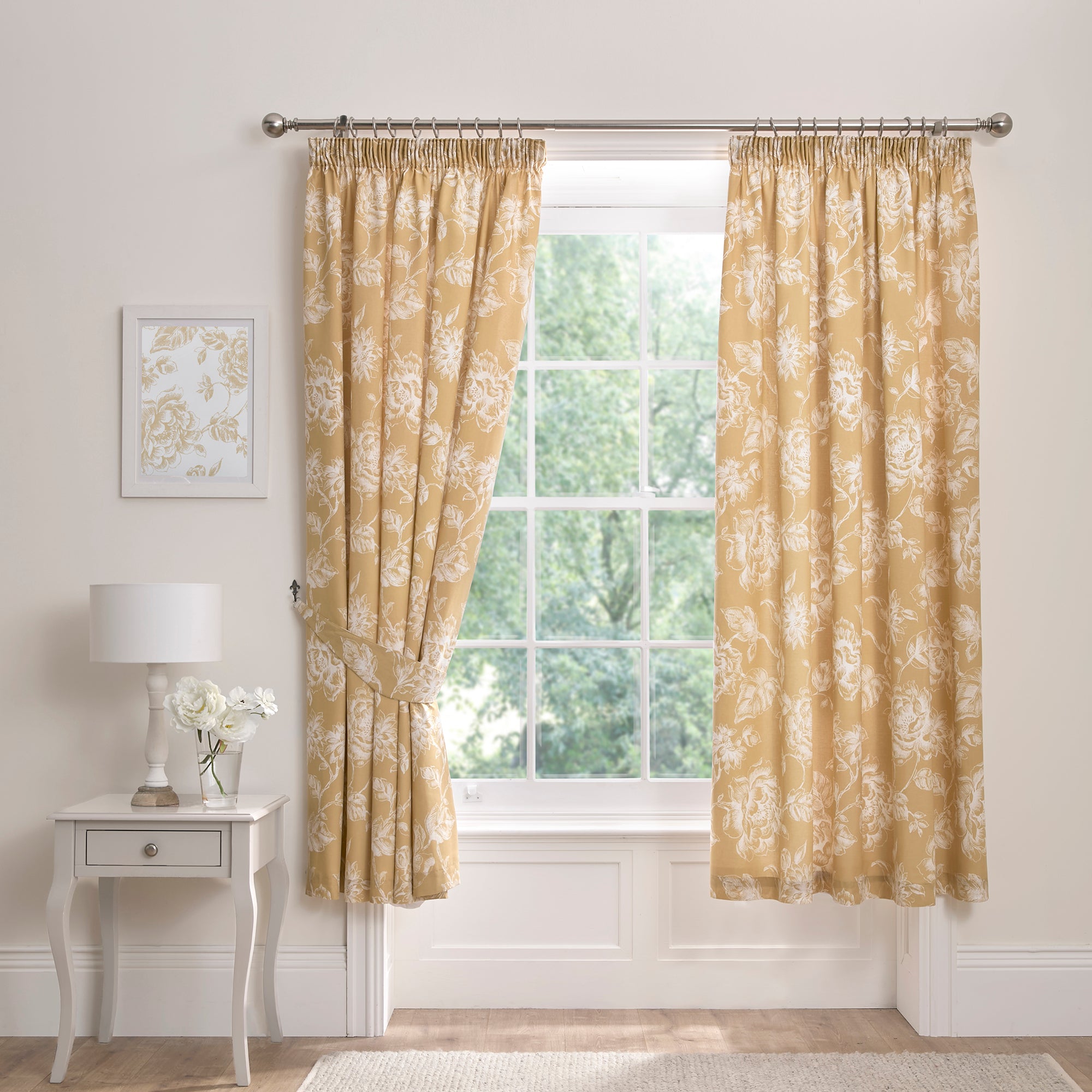 Pair of Pencil Pleat Curtains With Tie-Backs Mishka by Dreams & Drapes Design in Gold