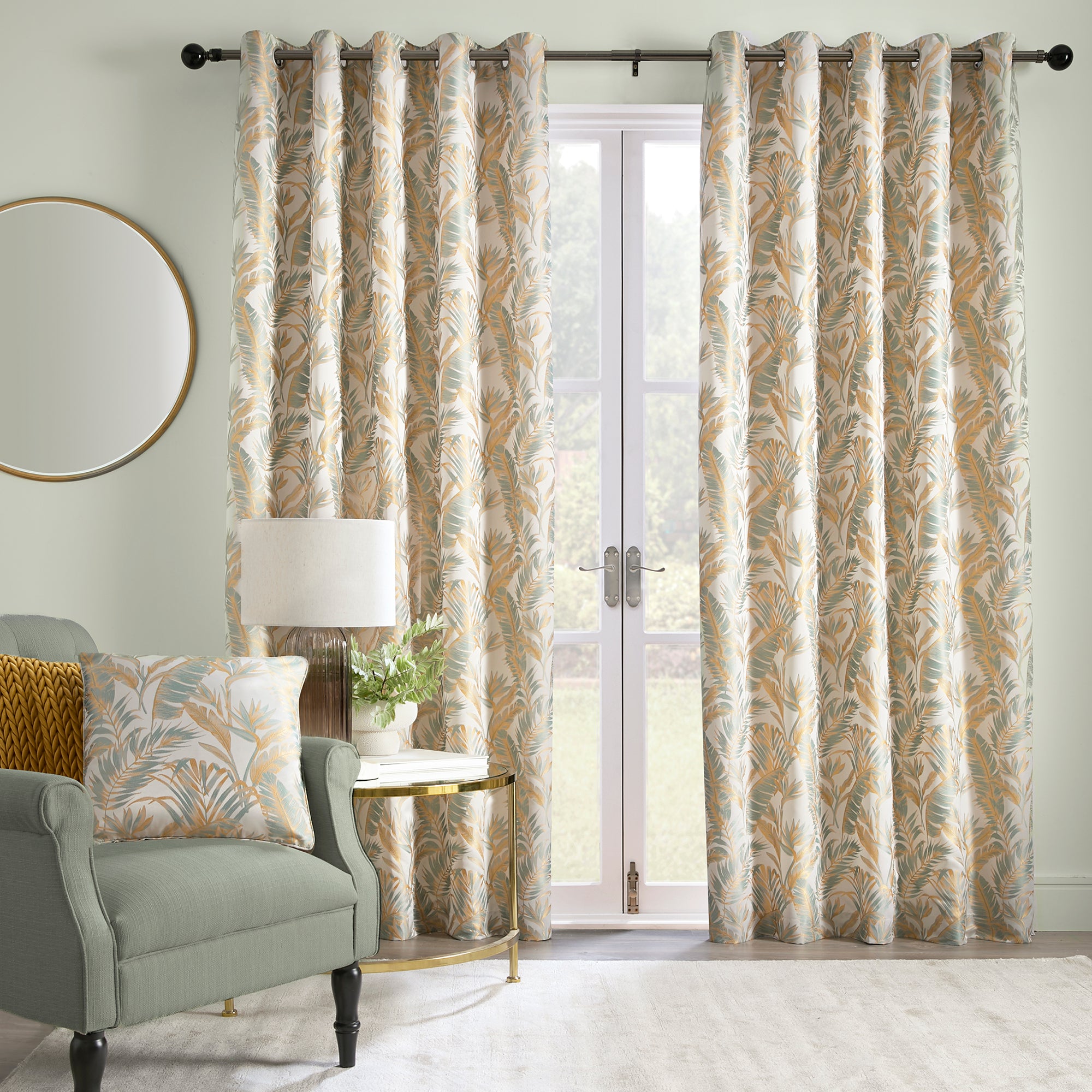 Pair of Eyelet Curtains Paradise Palm by Laurence Llewelyn-Bowen in Duck Egg