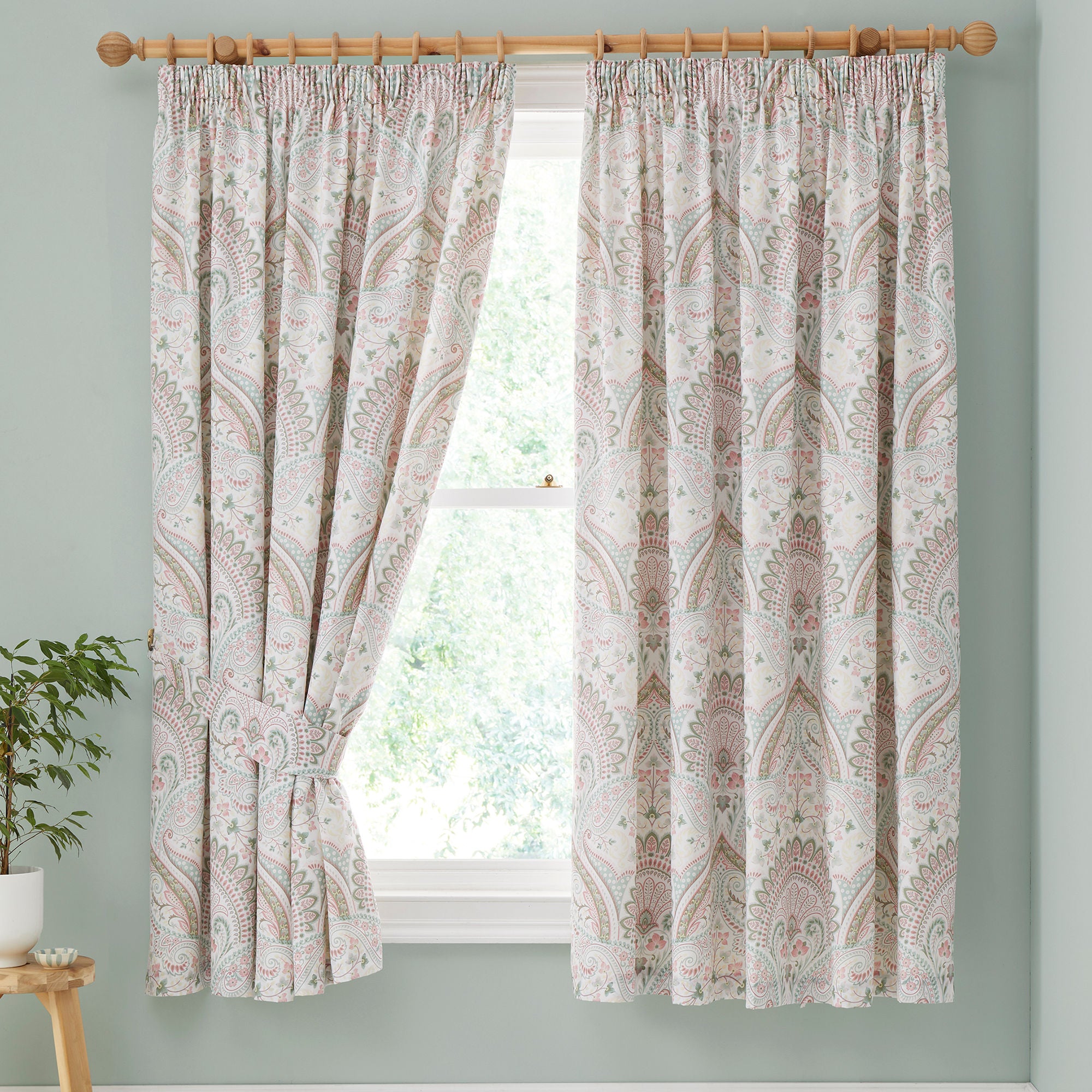 Pair of Pencil Pleat Curtains With Tie-Backs Palais by Dreams & Drapes Design in Green