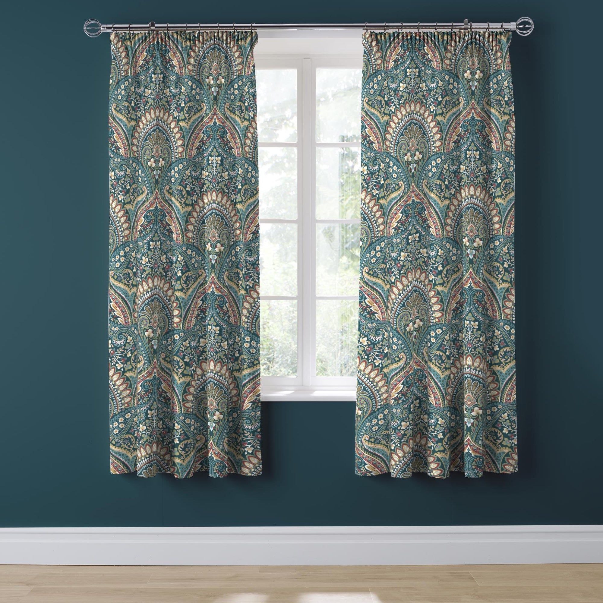 Pair of Pencil Pleat Curtains With Tie-Backs Palais by D&D Design in Teal