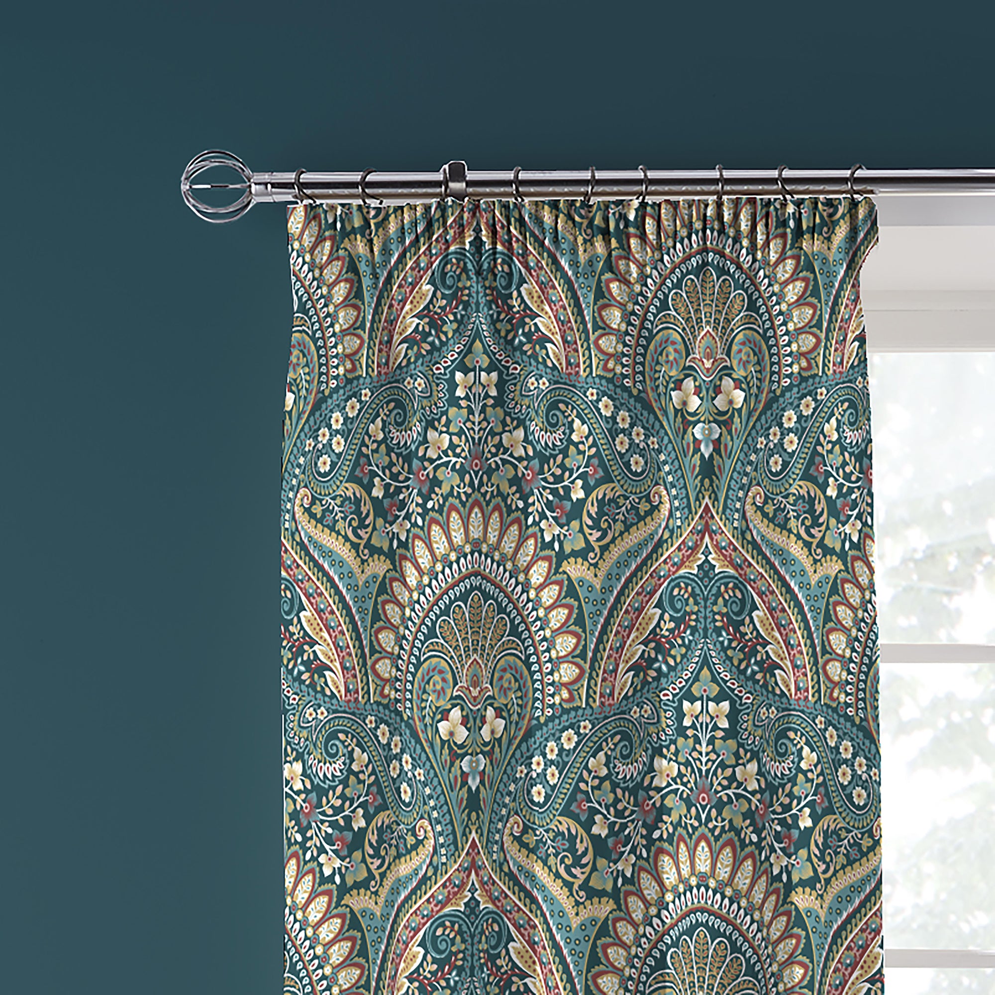 Pair of Pencil Pleat Curtains With Tie-Backs Palais by D&D Design in Teal