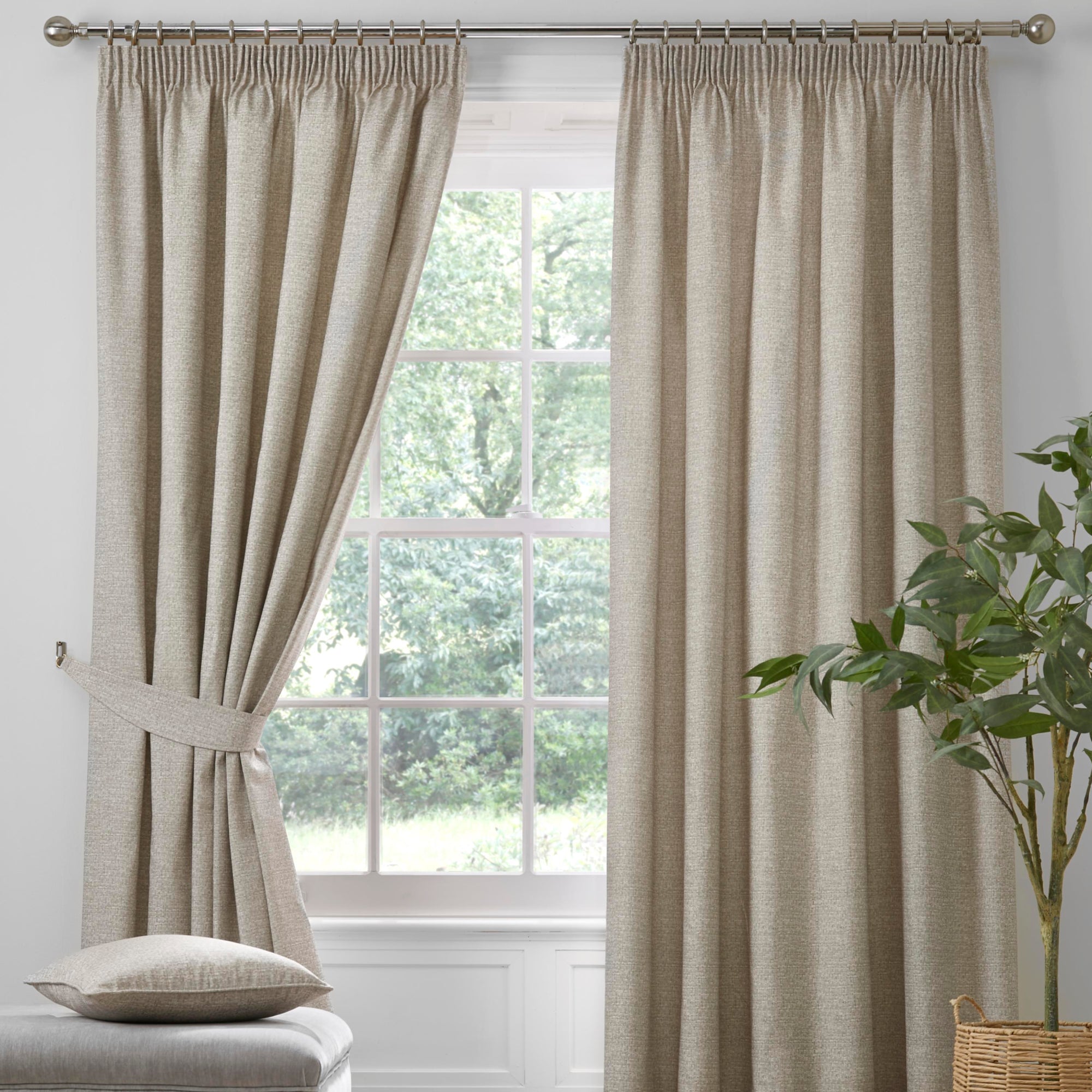 Pair of Pencil Pleat Curtains With Tie-Backs Pembrey by D&D in Natural