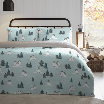 Dreams & Drapes Perry Penquins Printed Flannel Fleece Duvet Cover Set in Light Turquoise