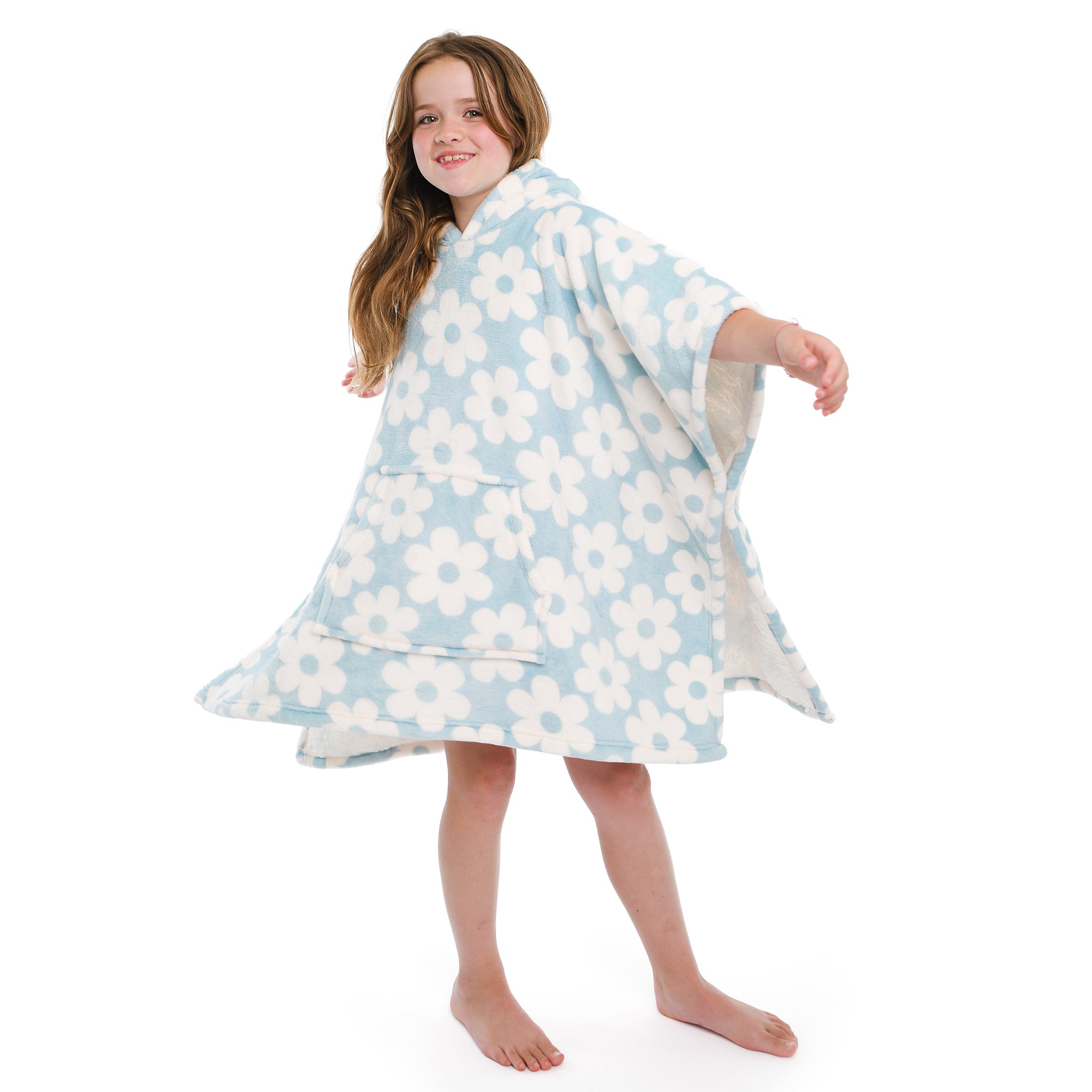 Hooded Throw Poncho Retro Flower by Bedlam in Duck Egg