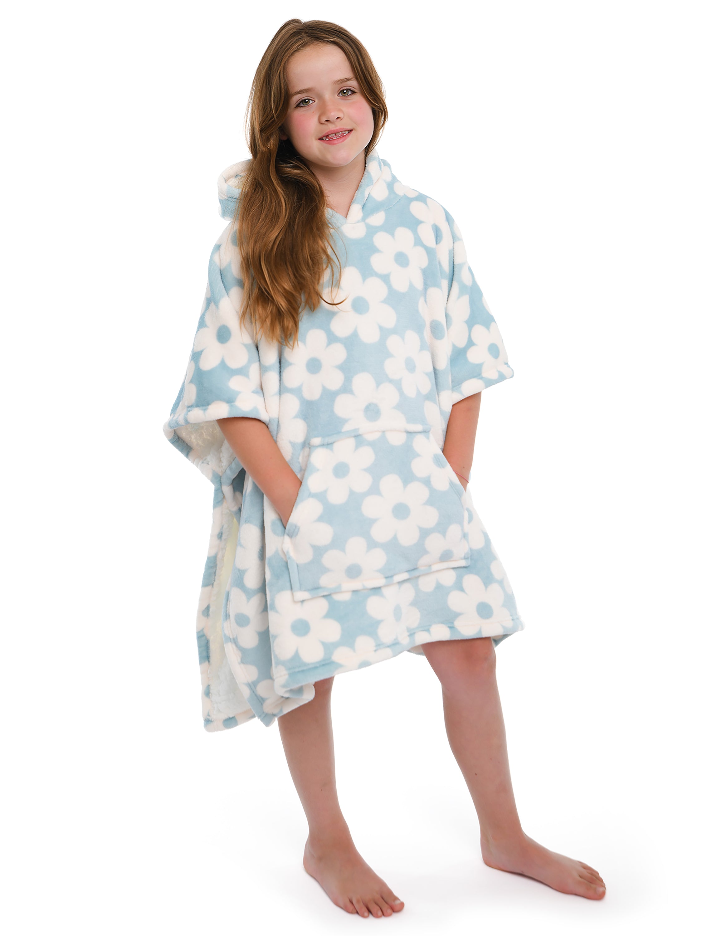 Hooded Throw Poncho Retro Flower by Bedlam in Duck Egg