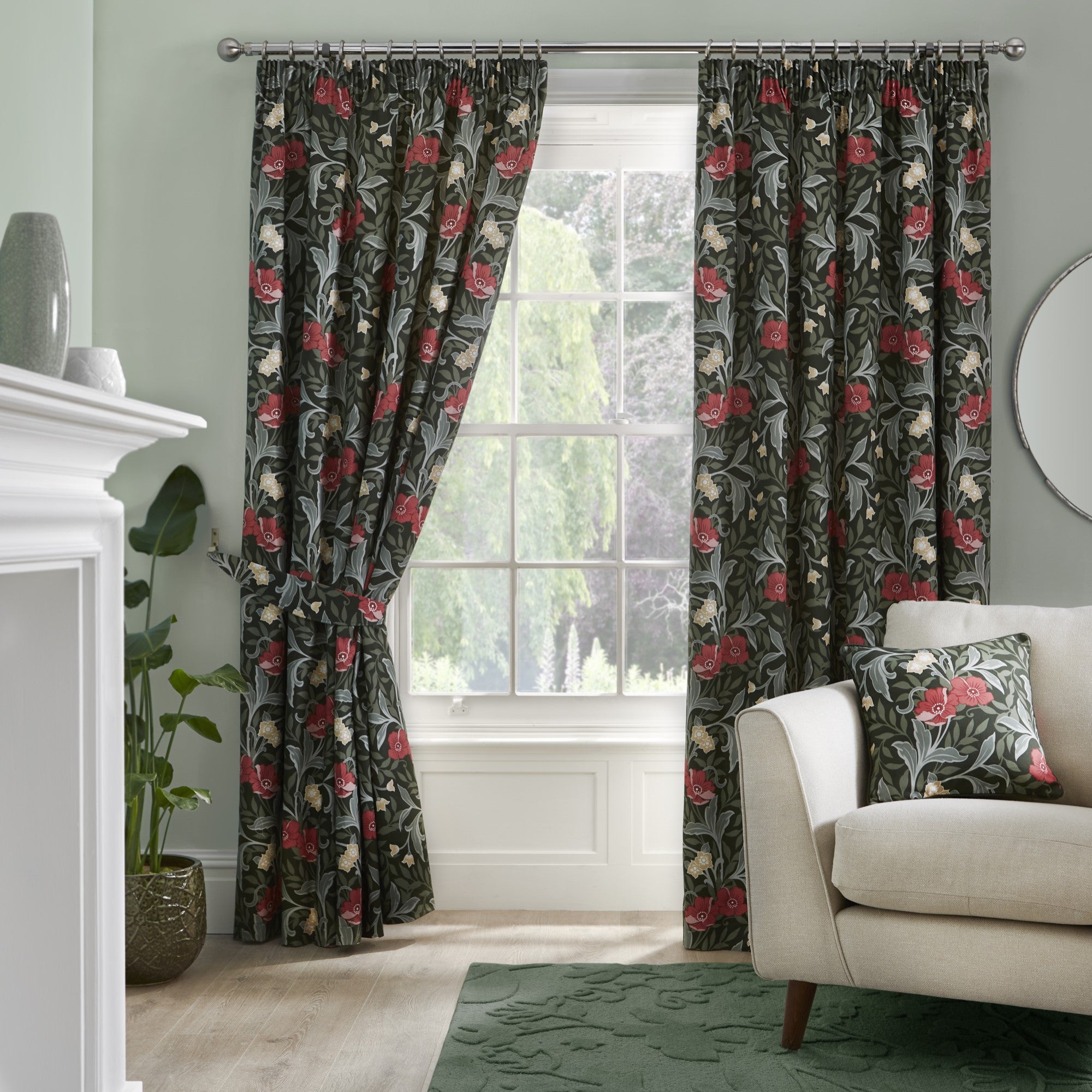 Pair of Pencil Pleat Curtains With Tie-Backs Sandringham by D&D in Green