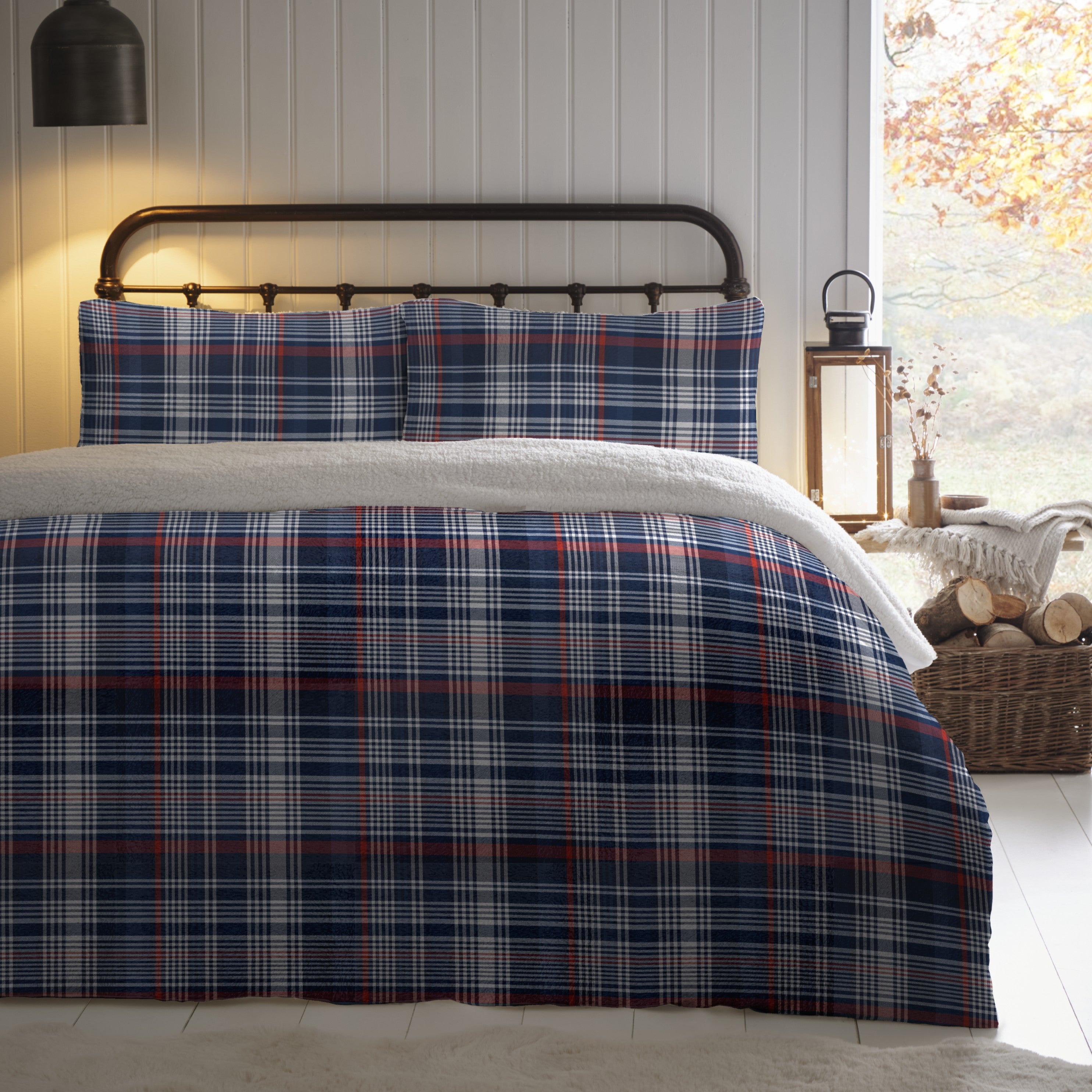 Dreams & Drapes Talan Check Printed Flannel Fleece Duvet Cover Set in Mid Navy