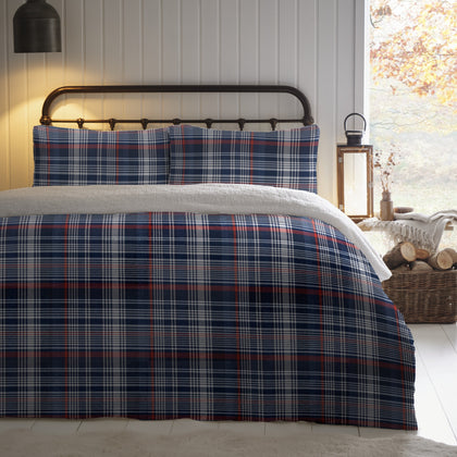 Dreams & Drapes Talan Check Printed Flannel Fleece Duvet Cover Set in Mid Navy