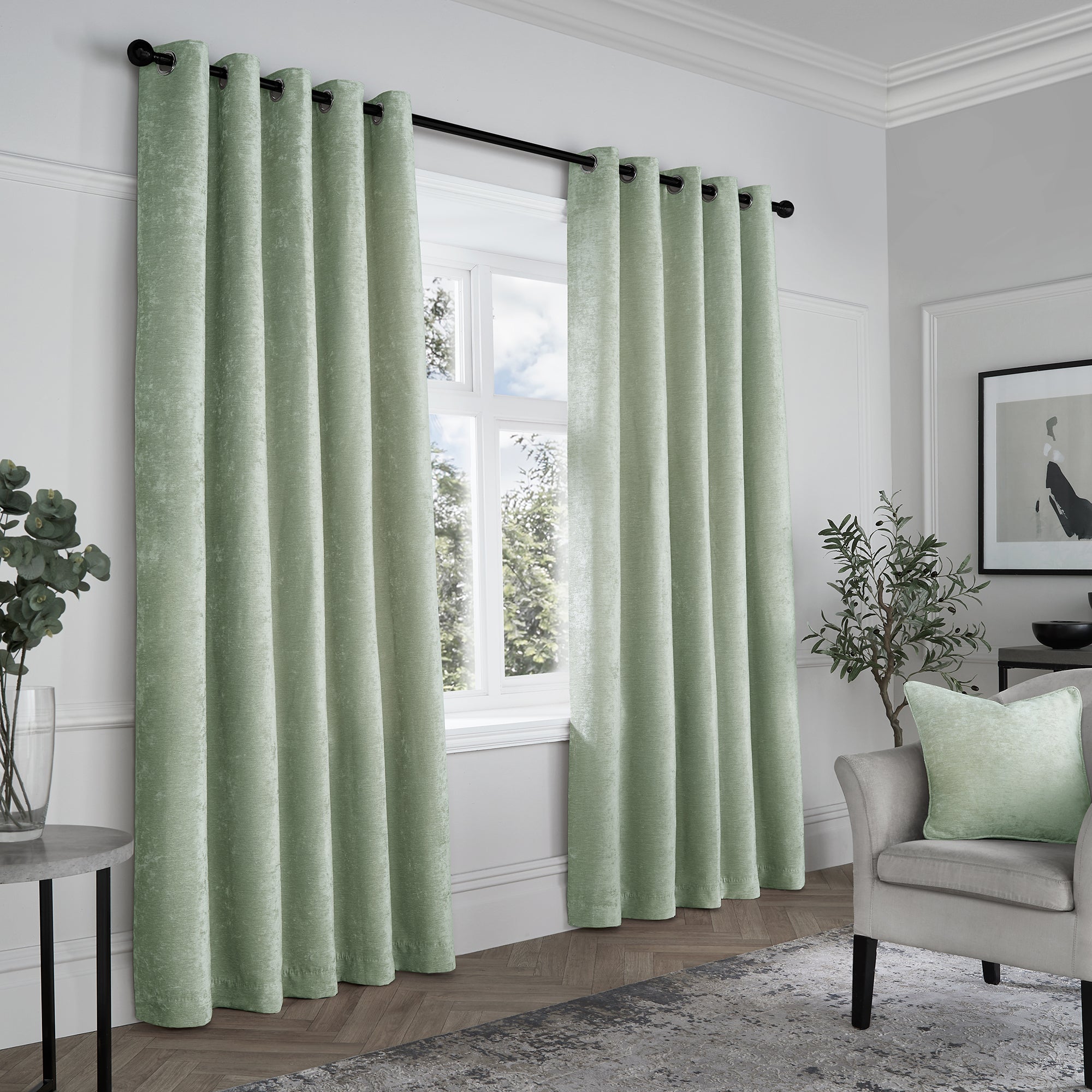 Pair of Eyelet Curtains Textured Chenille by Curtina in Green