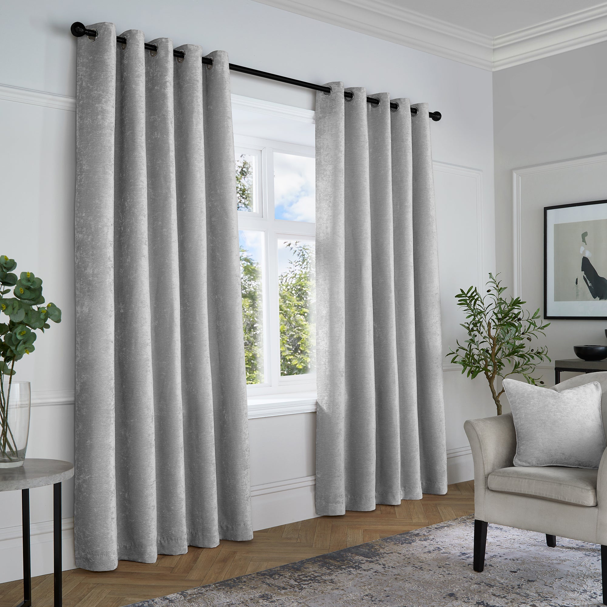 Pair of Eyelet Curtains Textured Chenille by Curtina in Grey