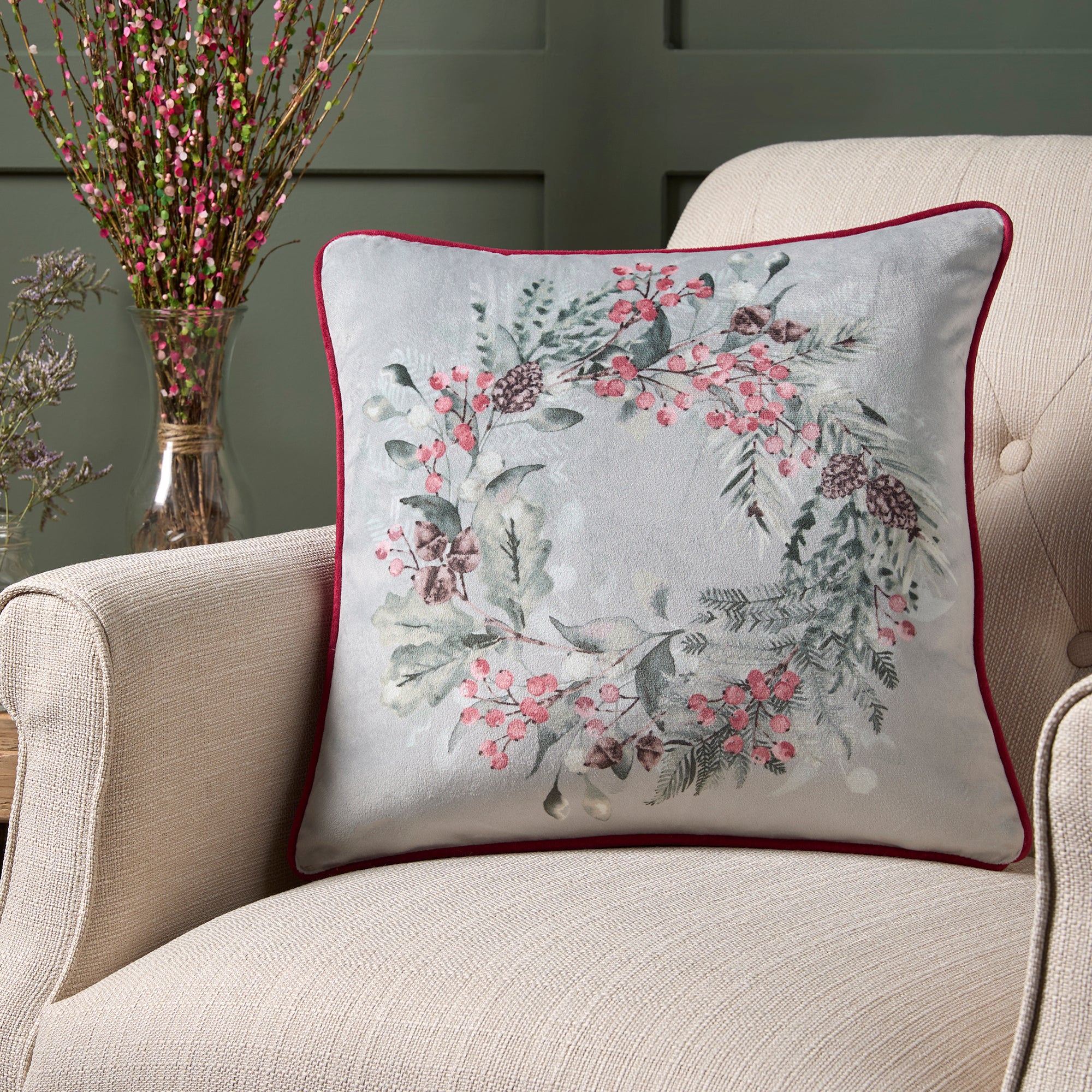 Cushion Winter Sprigs by Dreams & Drapes Lodge in Green