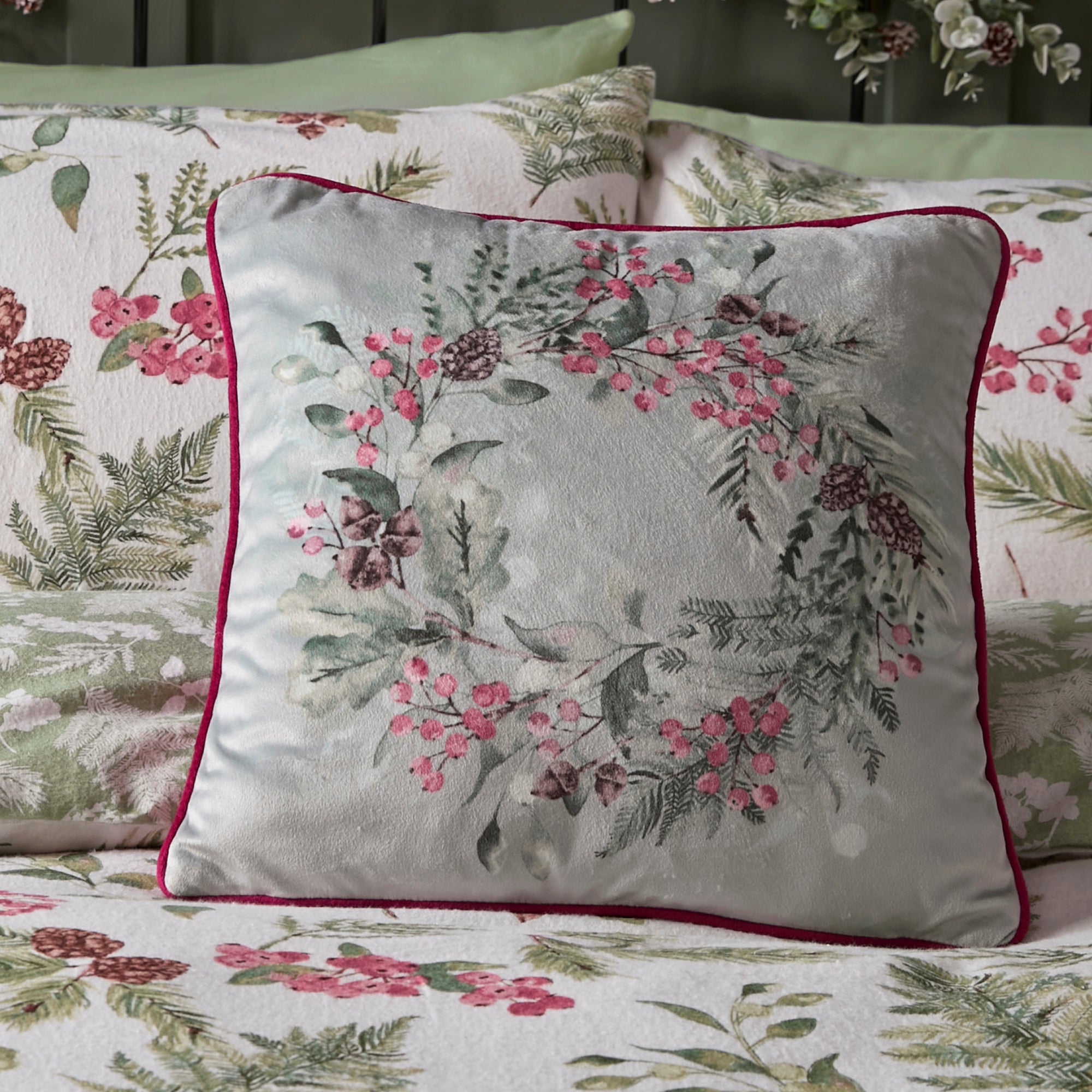 Cushion Winter Sprigs by Dreams & Drapes Lodge in Green