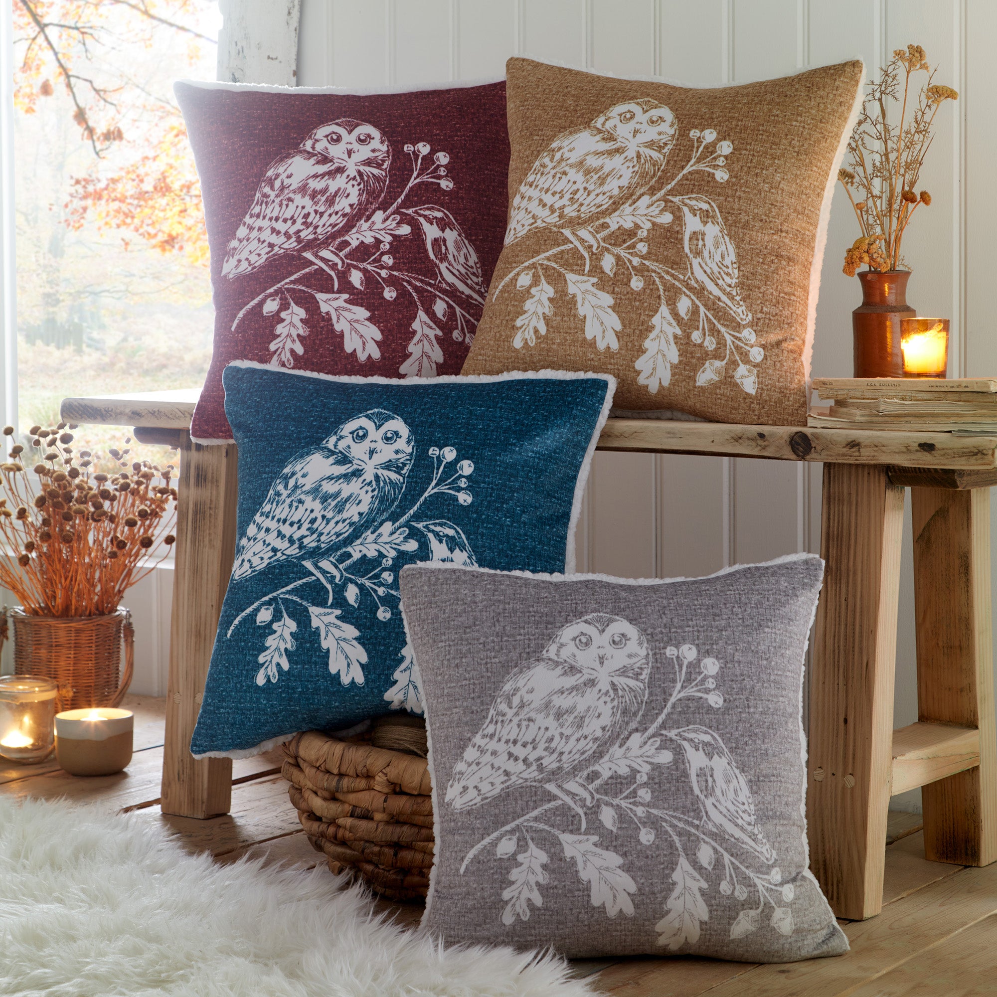 Filled Cushion Woodland Owls by D&D Lodge in Red