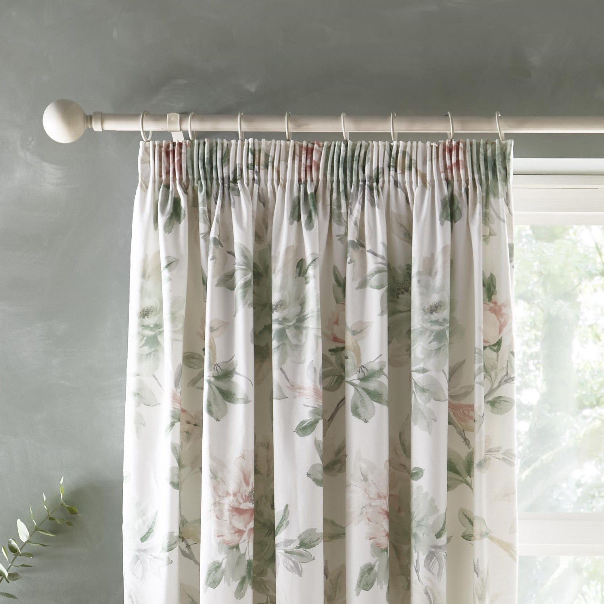 Pair of Pencil Pleat Curtains With Tie-Backs Campion by Appletree Heritage in Green/Coral