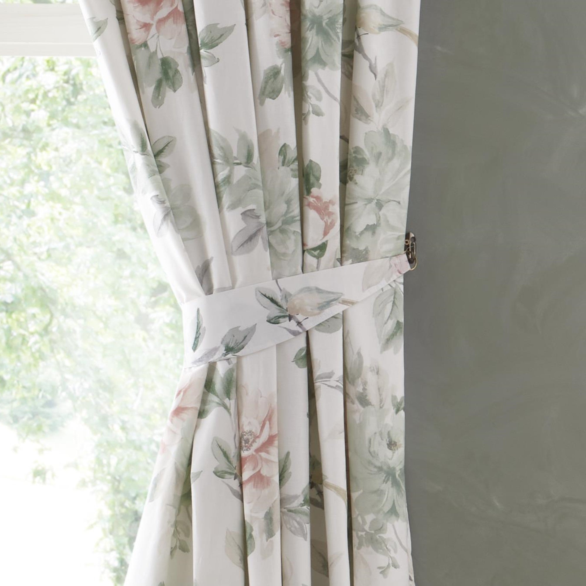 Pair of Pencil Pleat Curtains With Tie-Backs Campion by Appletree Heritage in Green/Coral