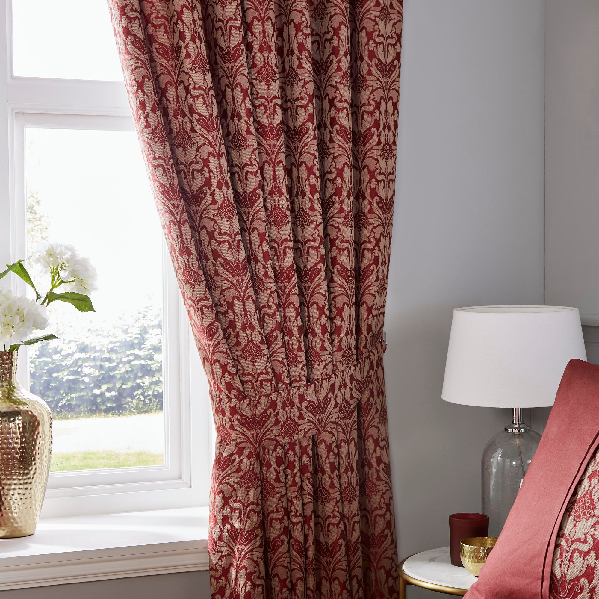 Pair of Pencil Pleat Curtains With Tie-Backs Hawthorne by Dreams & Drapes Woven in Burgundy