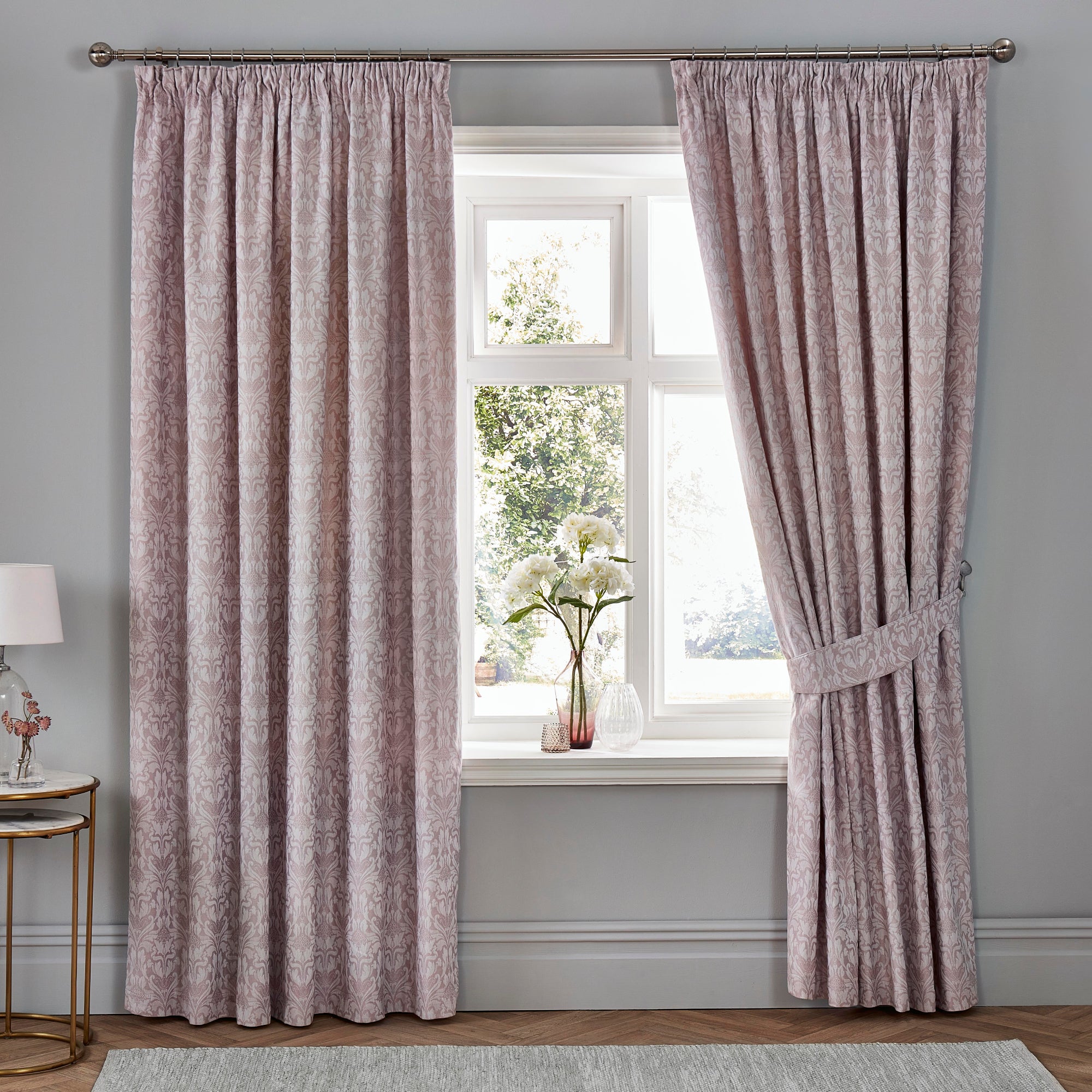 Pair of Pencil Pleat Curtains With Tie-Backs Hawthorne by Dreams & Drapes Woven in Lavender